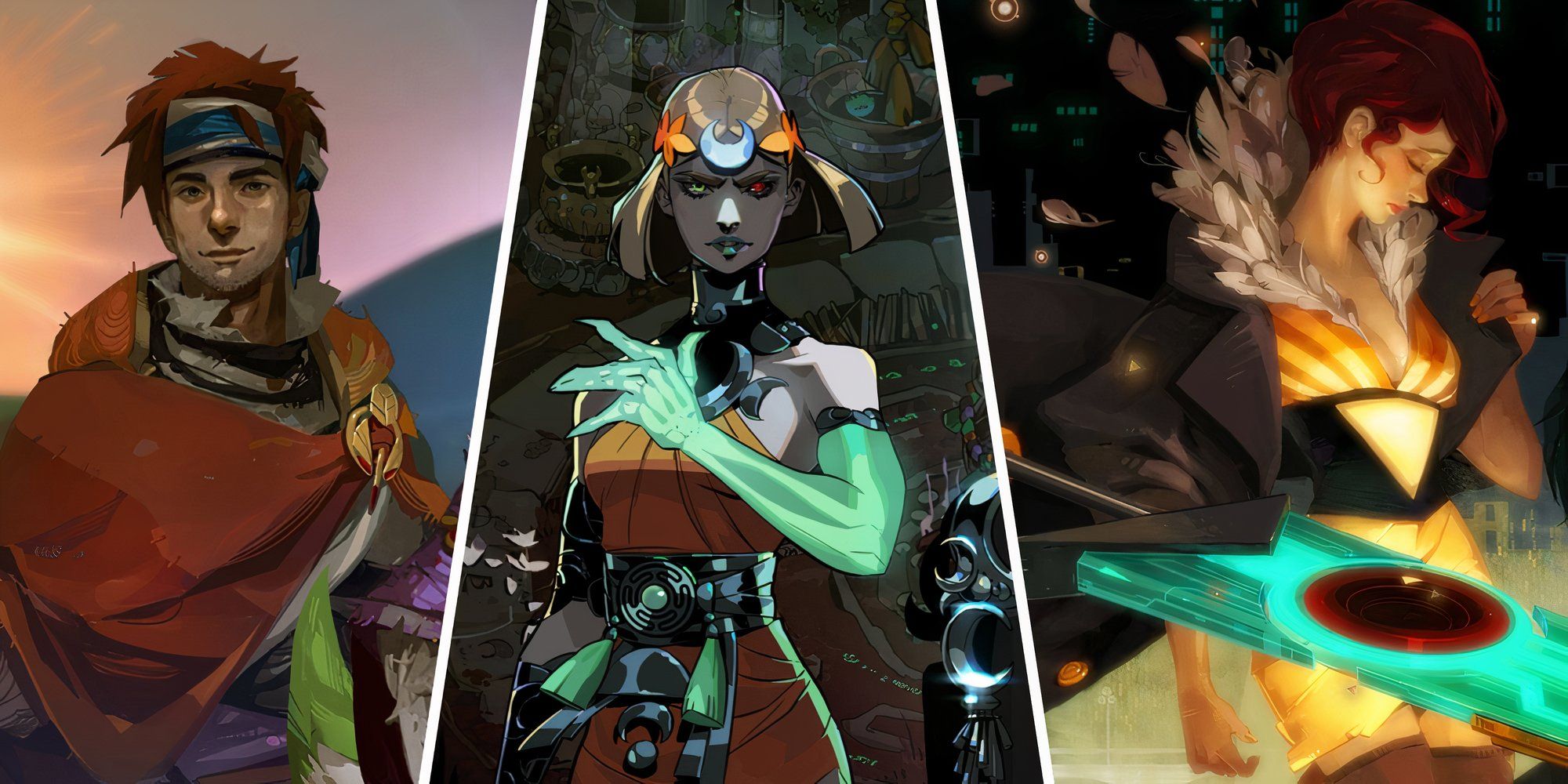 A split image showing characters from the titles of Supergiant Games