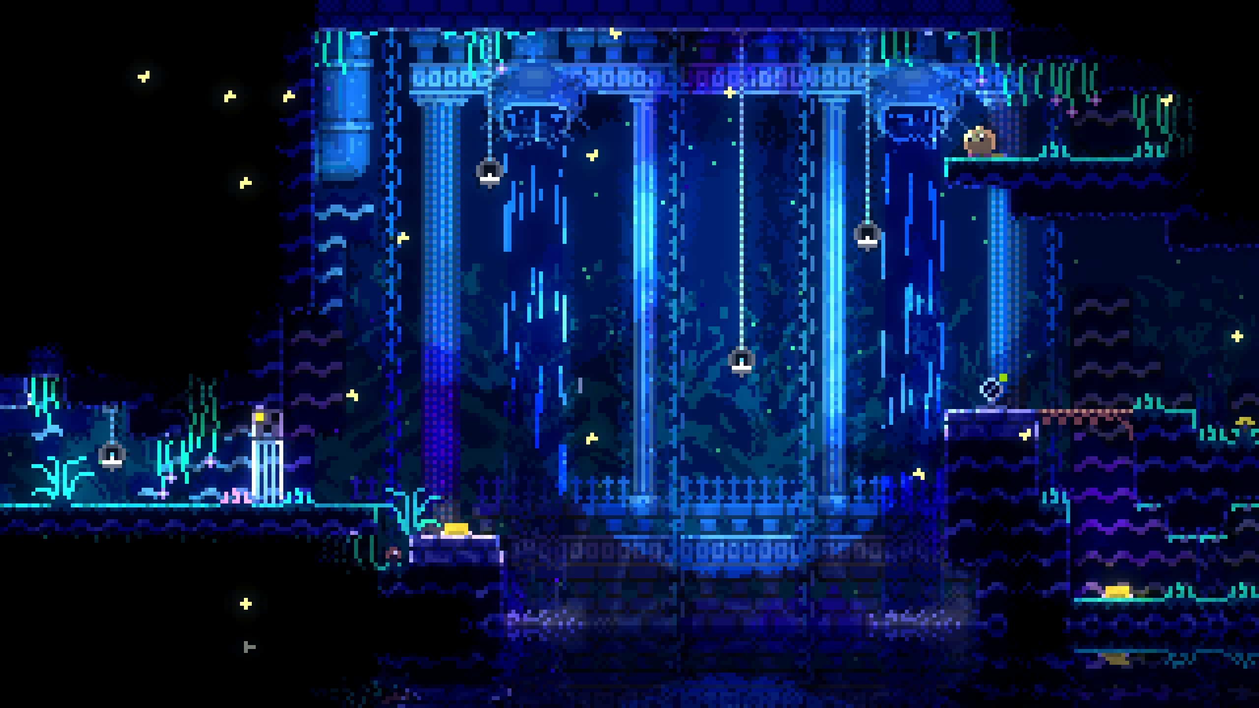 The main character clicks one of the yellow switches to open the door leading to the area with the firecrackers in Animal Well.