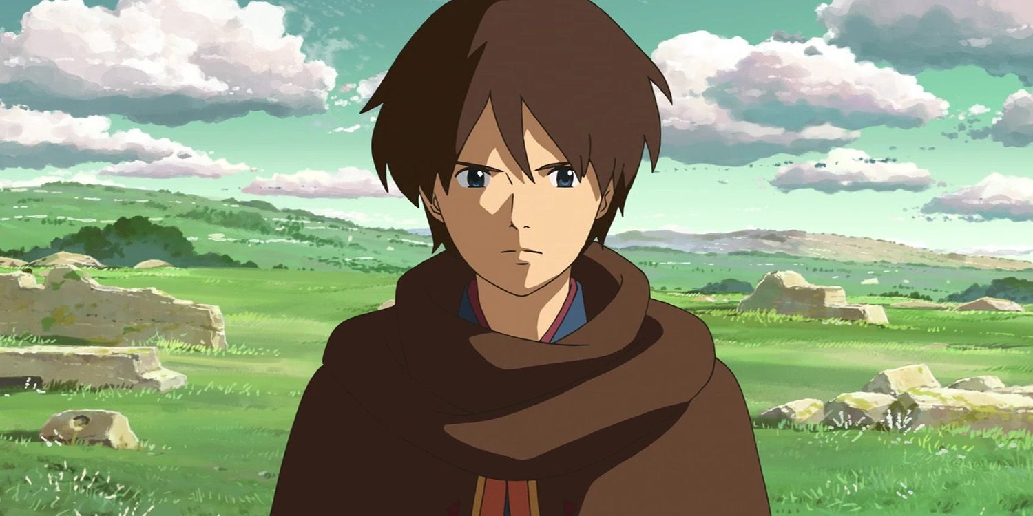 Shun, a teenage boy with brown hair, stands in a grassy field. He wears a brown cloak with a blue collared shirt.