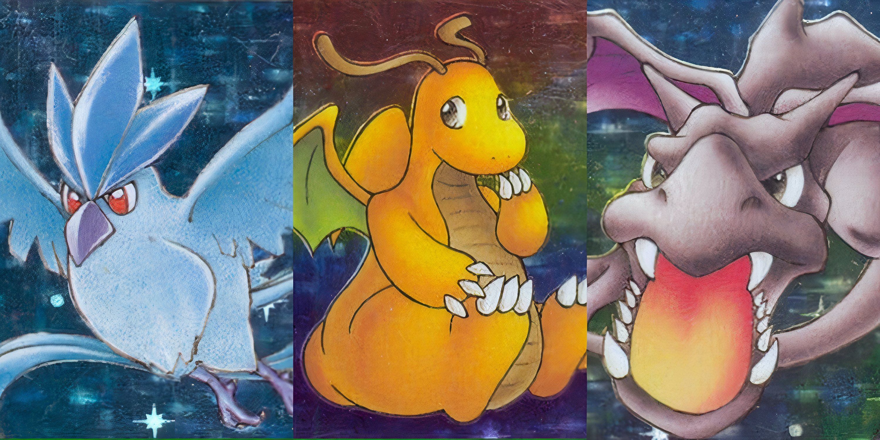 Artwork for holographic Articuno, Dragonite and Aerodactyl from the Pokémon Trading Card Game Fossil