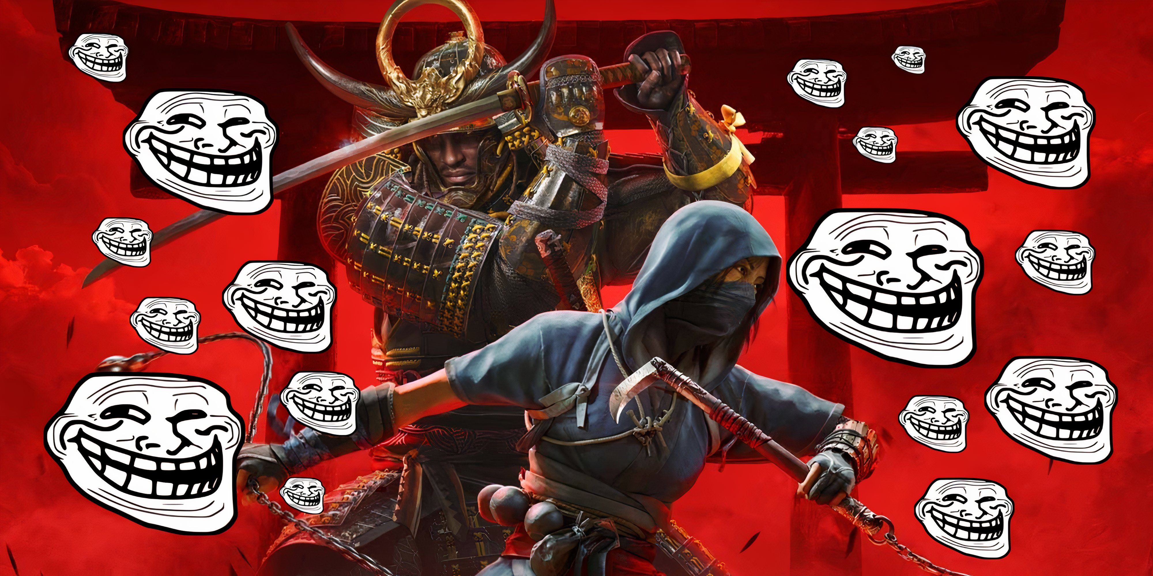 Assassins Creed Shadows characters surrounded by troll faces