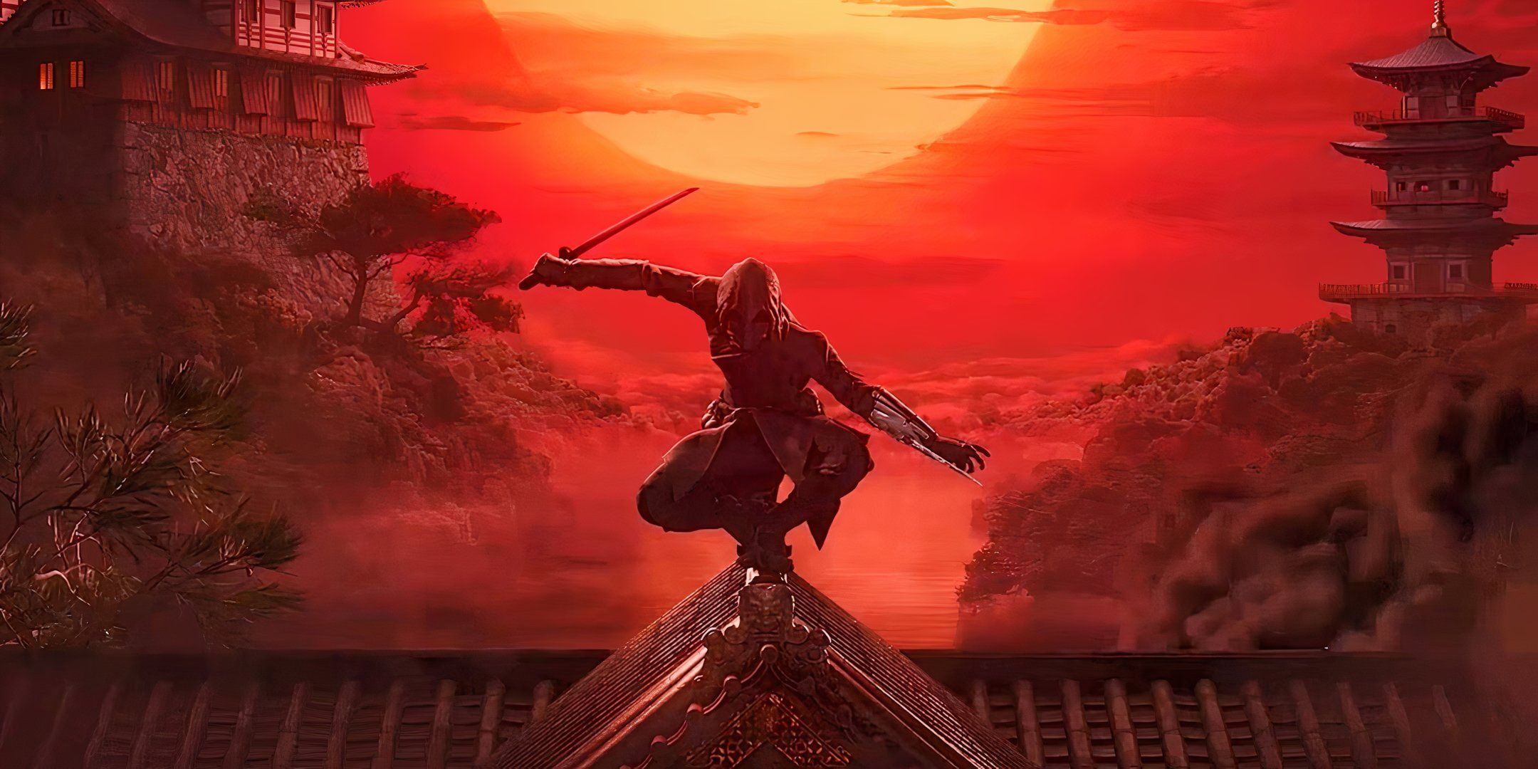 An assassin on a rooftop with a red sky in the background