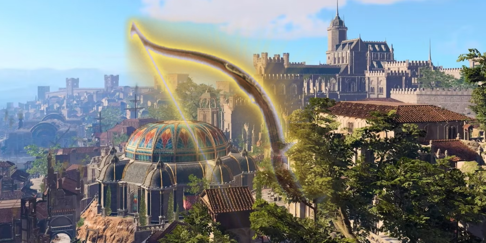 the bow of the banshee overlayed on baldur&rsquo;s gate city