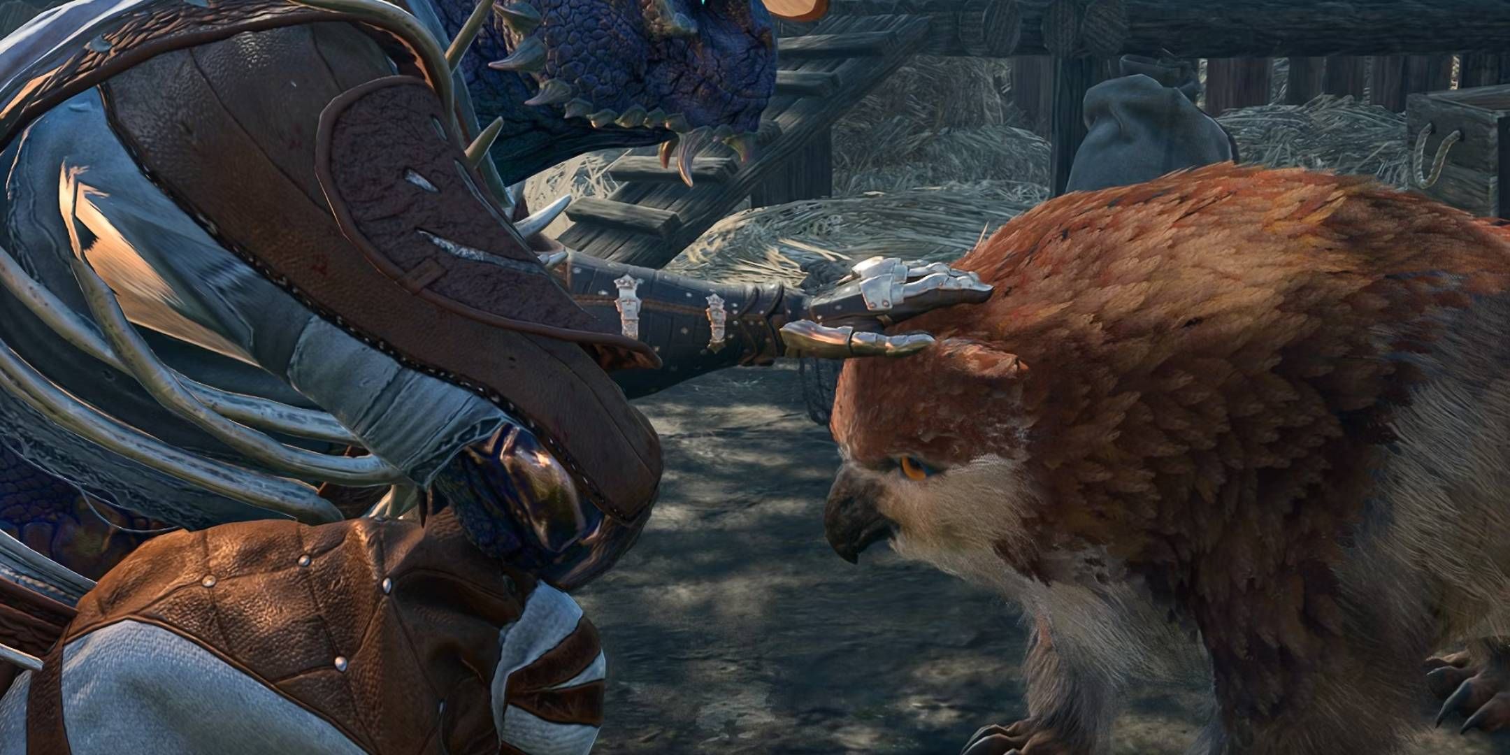 Baldur's Gate 3 - a Dragonborn player character petting the owlbear cub