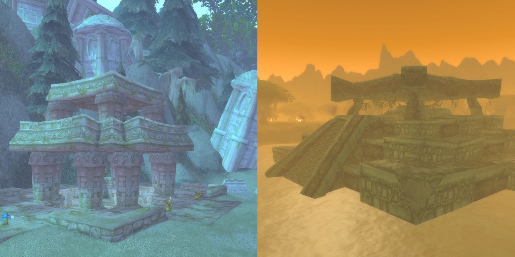 the surface of blackfathom deeps in ashenvale on the left, and the surface of the temple of atal'hakkar in the swamp of sorrows on the right