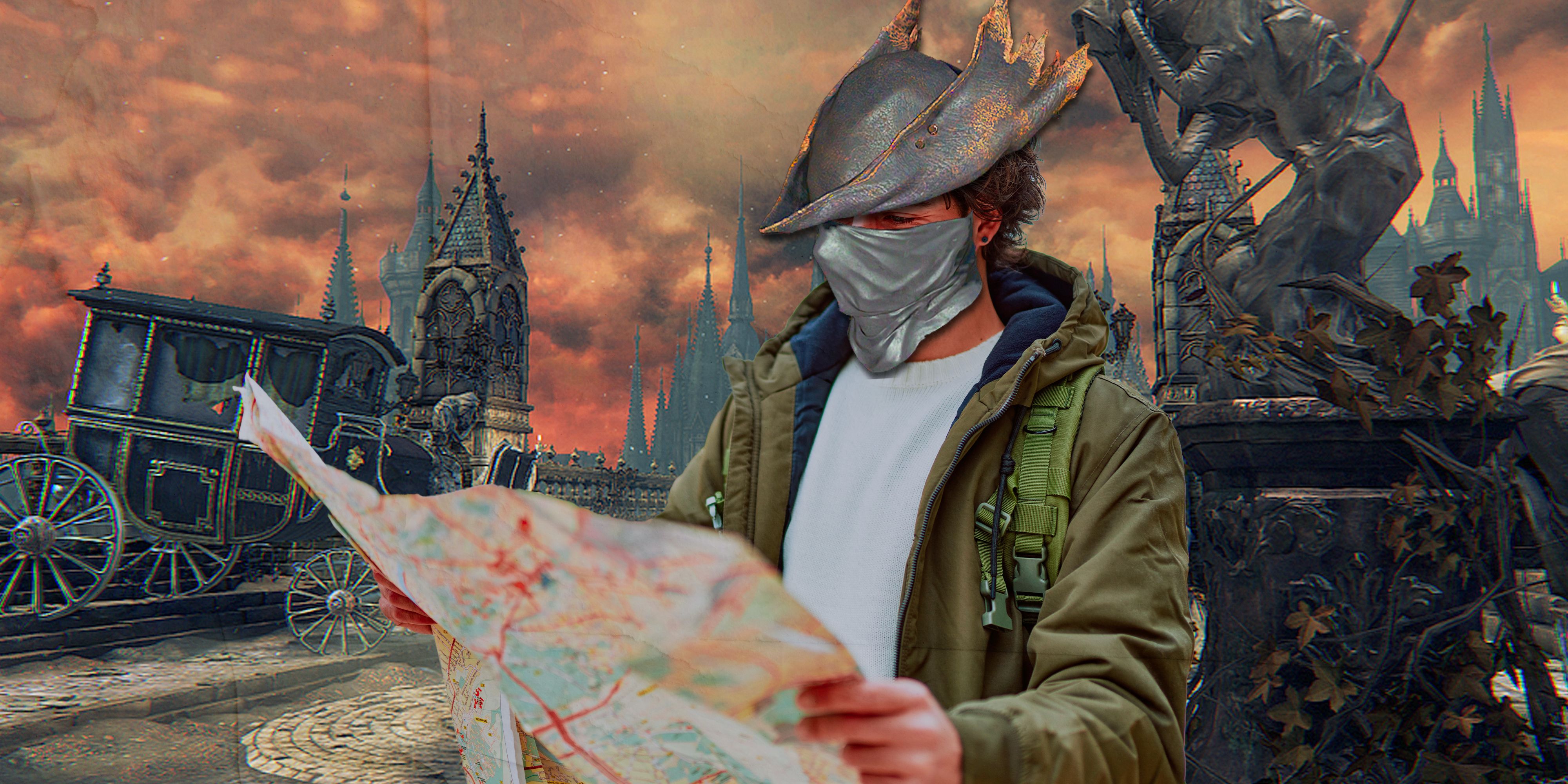 A person studying a paper map, with a Bloodborne hat and mask on, with Yharnam in the background