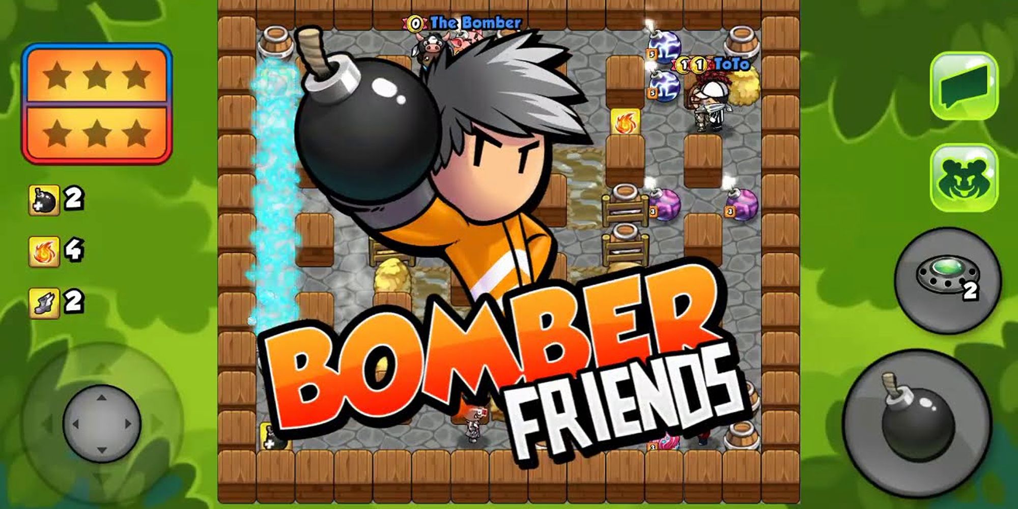 A screenshot of Bomber Friends, featuring the game's logo in front of gameplay.