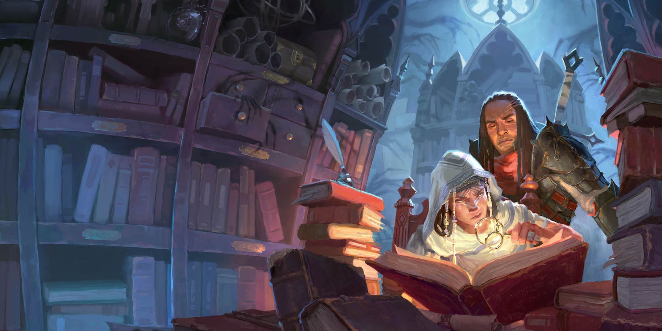 A cleric and a paladin browse books in a library in D&D.