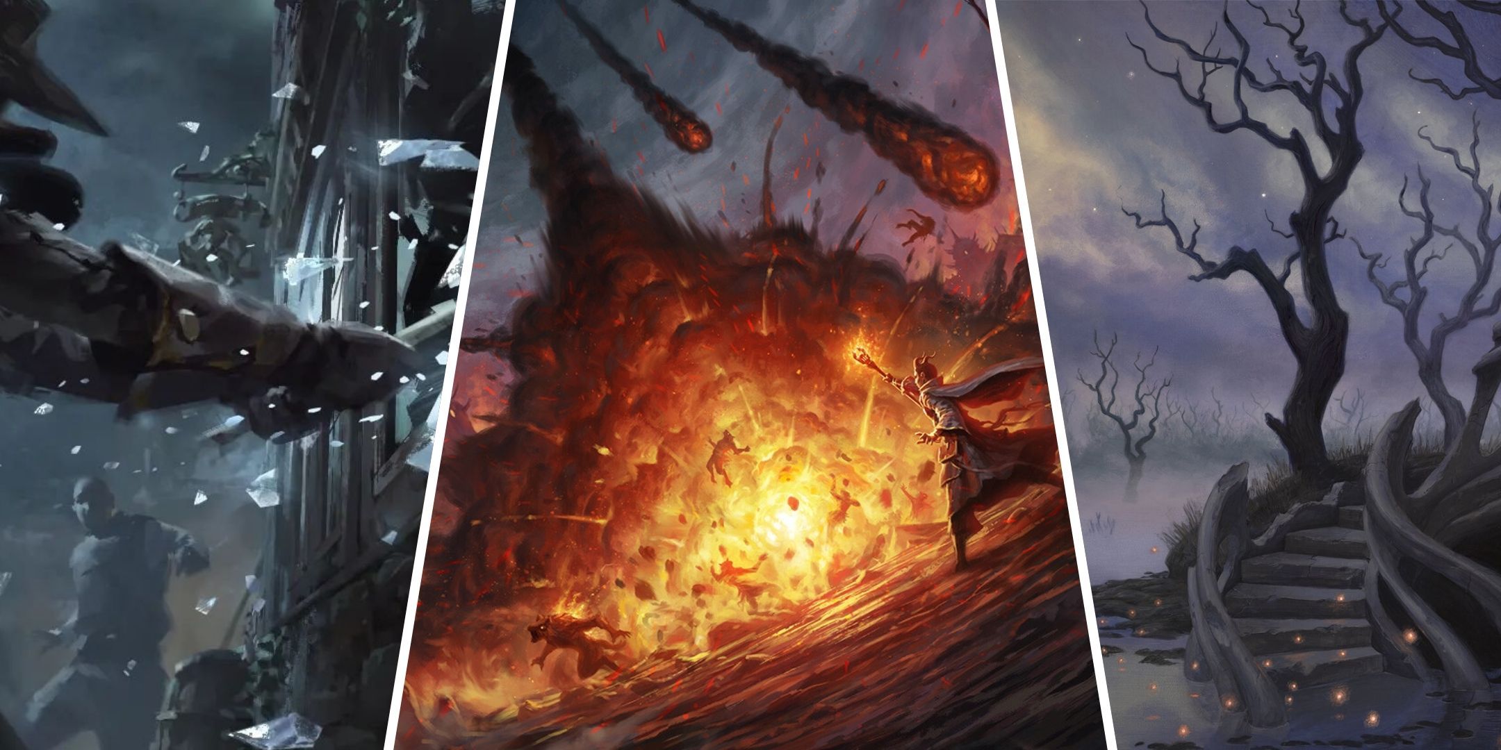 Splites picture shows a fiery explosion, a robber that breaks a glass window, and a ruined staircase in a swamp