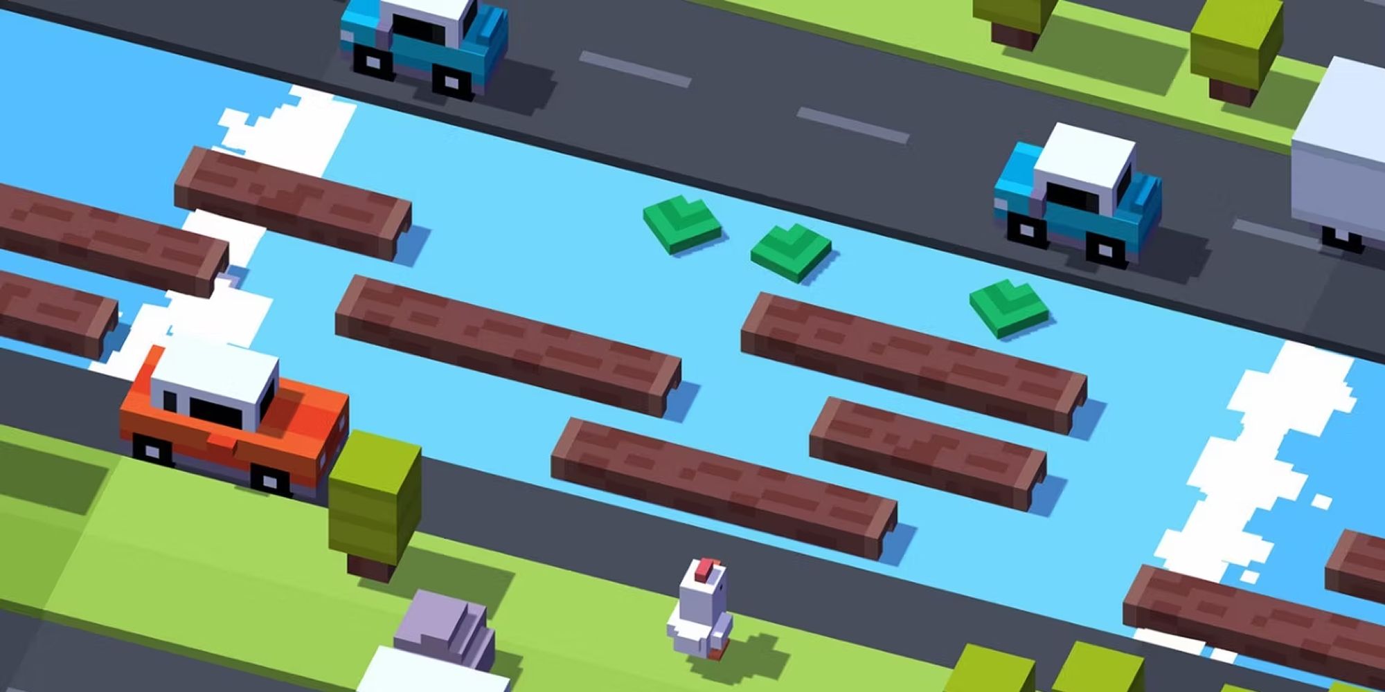 A screenshot of Crossy Road, in which a chicken prepares to cross a river and a busy street.