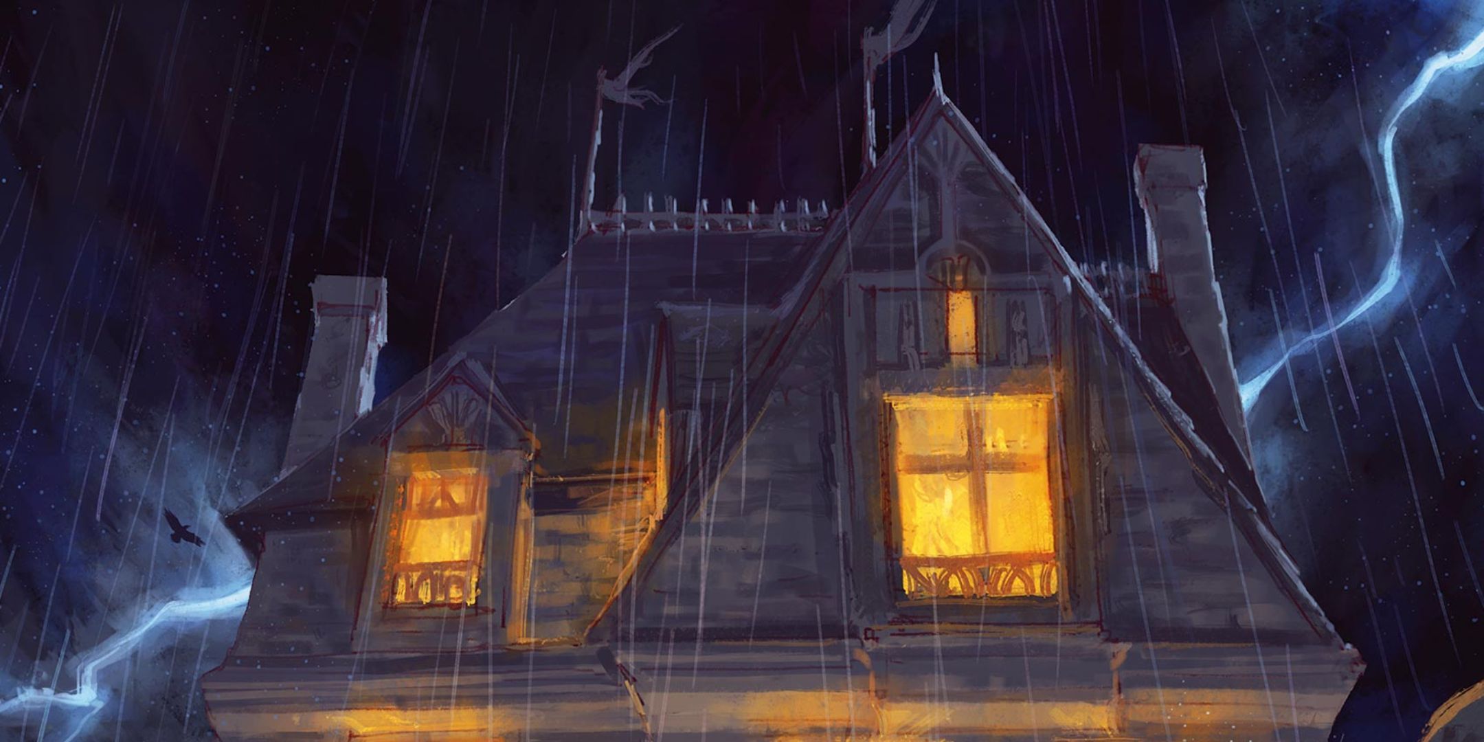 Dungeons & Dragons art of a top story of an old house with lit windows amid thunderstorm.