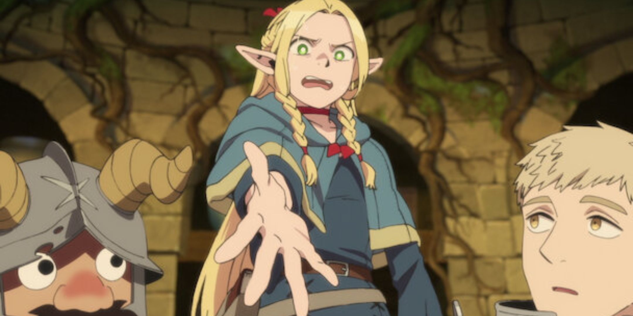 marcille looking disgusted while pointing to the camera between laios and senshi in Dungeon Meshi.
