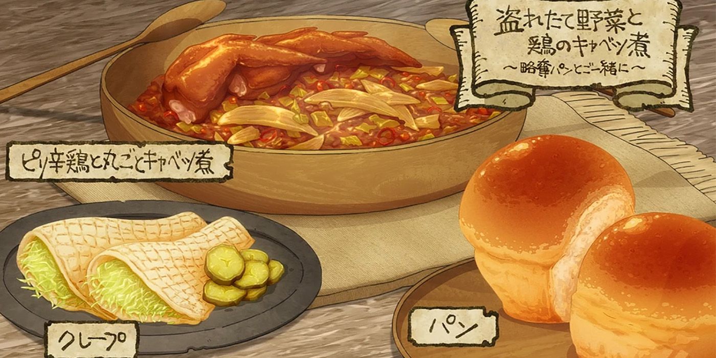 A spread of meats and breads from Dungeon Meshi.