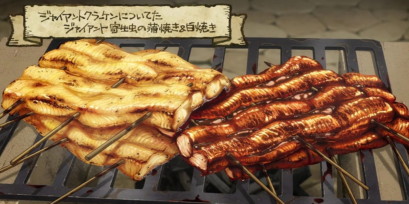 Grilled, glazed, and skewered parasite tentacles from Dungeon Meshi.