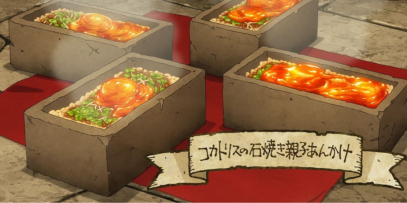 Four bricks filled with a mix of food and topped with eggs in Dungeon Meshi.