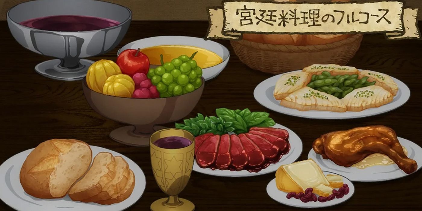 A full royal court meal, complete with wine, in Dungeon Meshi.