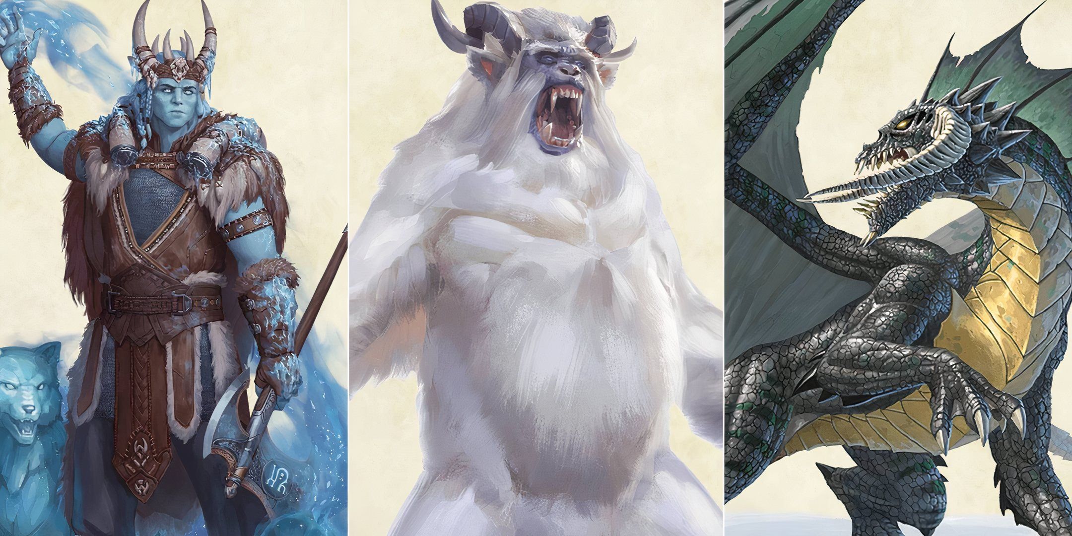 A collage of images featuring a giant blue humanoid, a roaring Yeti and a black dragon