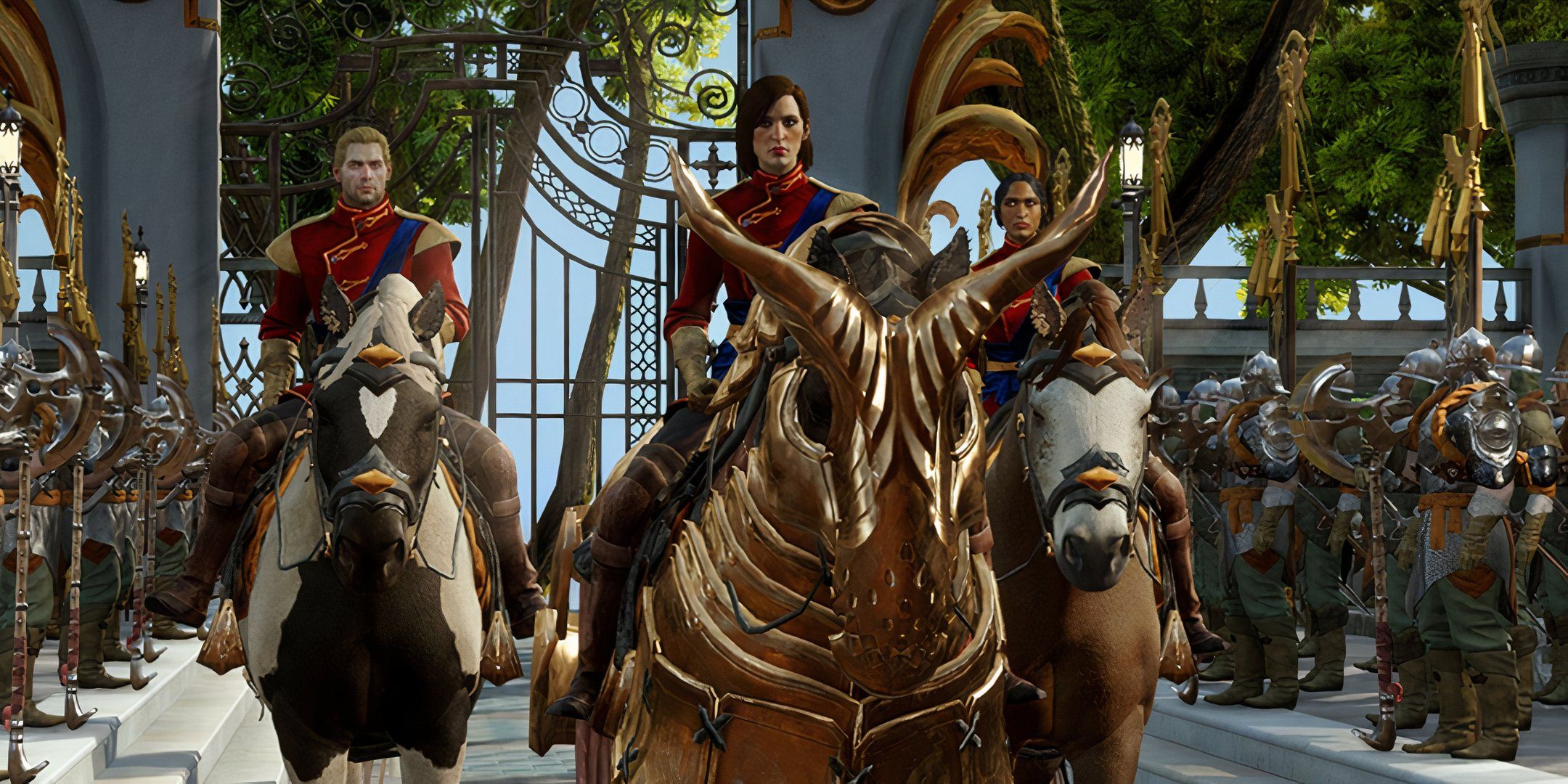 Three characters riding horses in Dragon Age Inquisition