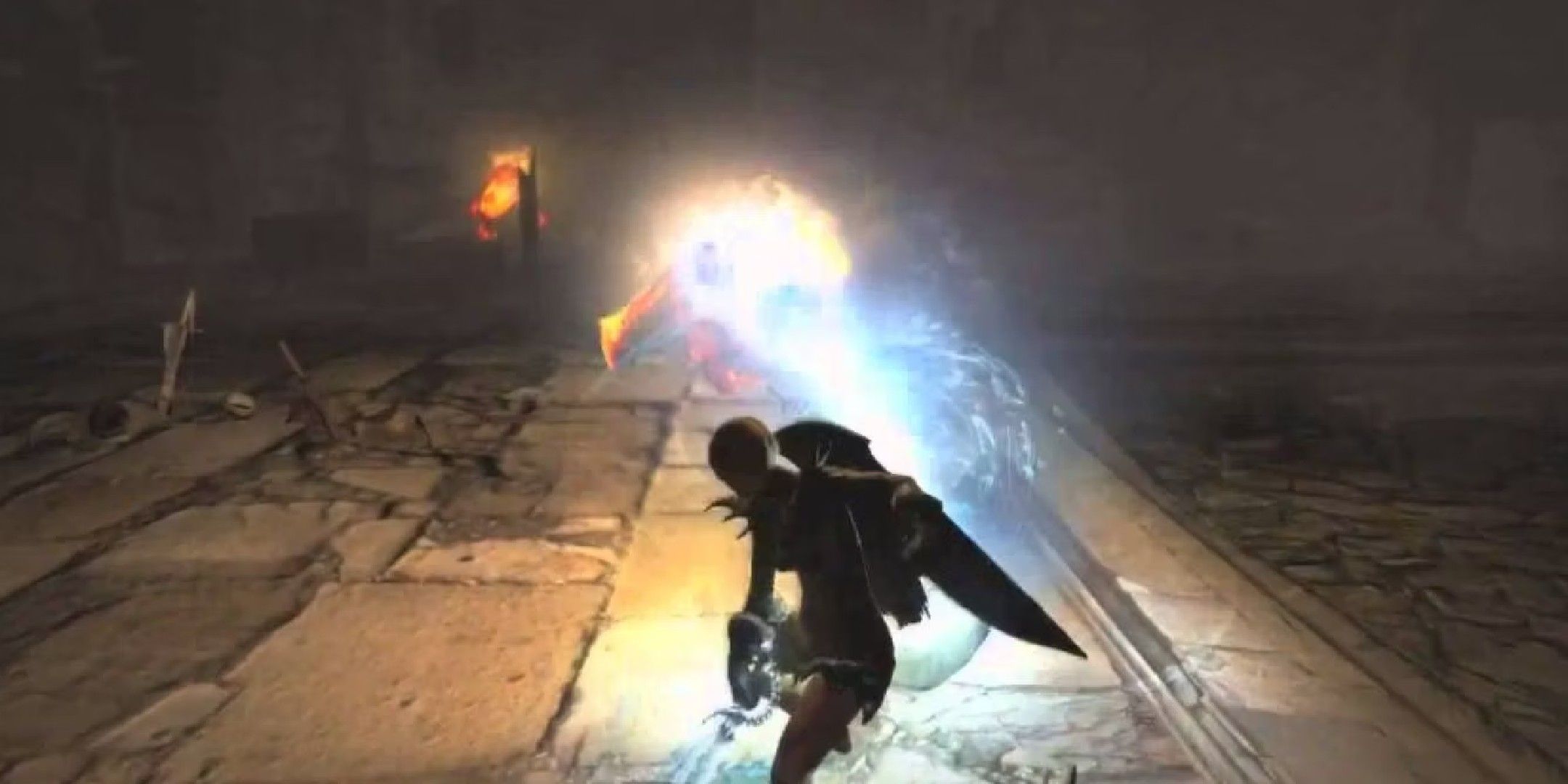 dragon's dogma image showing A mystic knight casting a spell in a dungeon