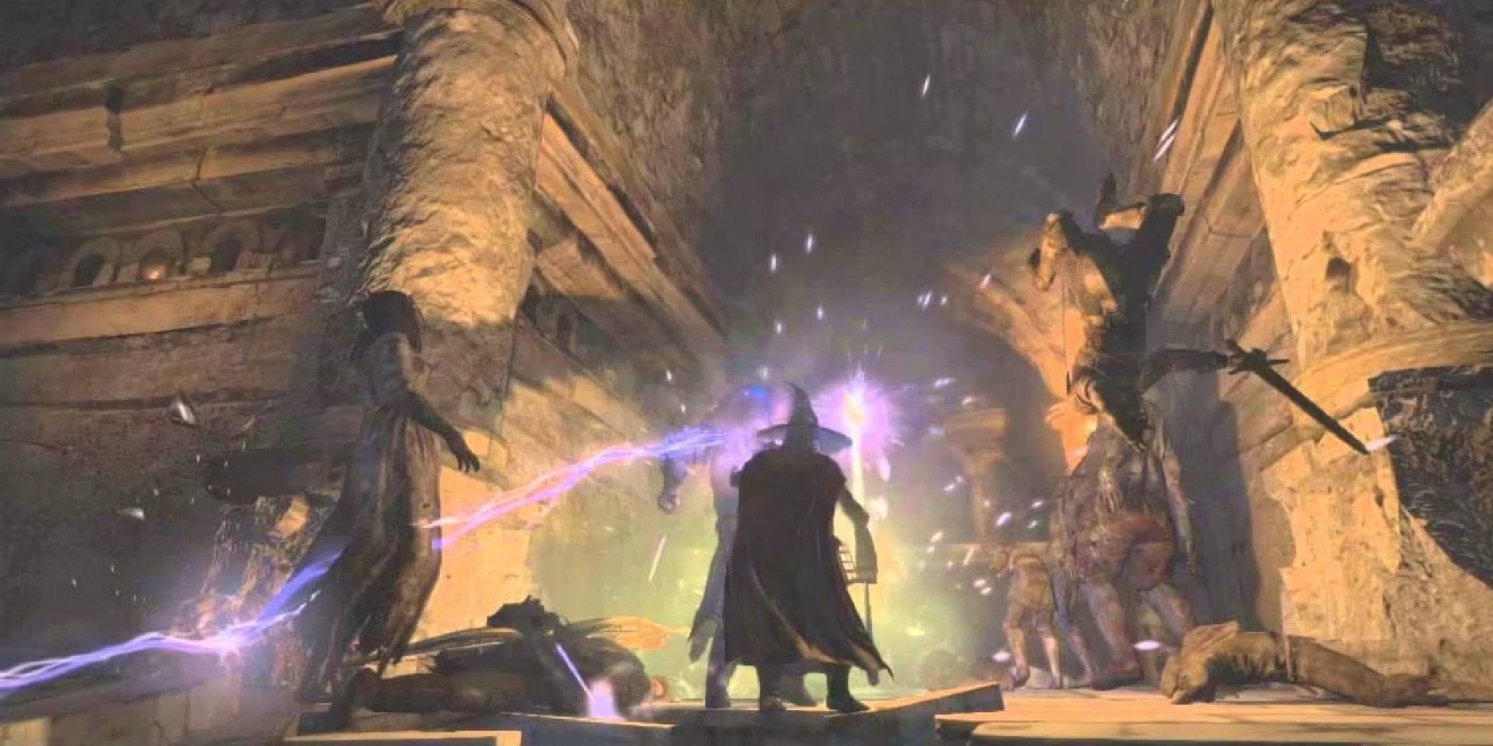 dragon's dogma image showing A sorcerer casting a lightning spell in a cave