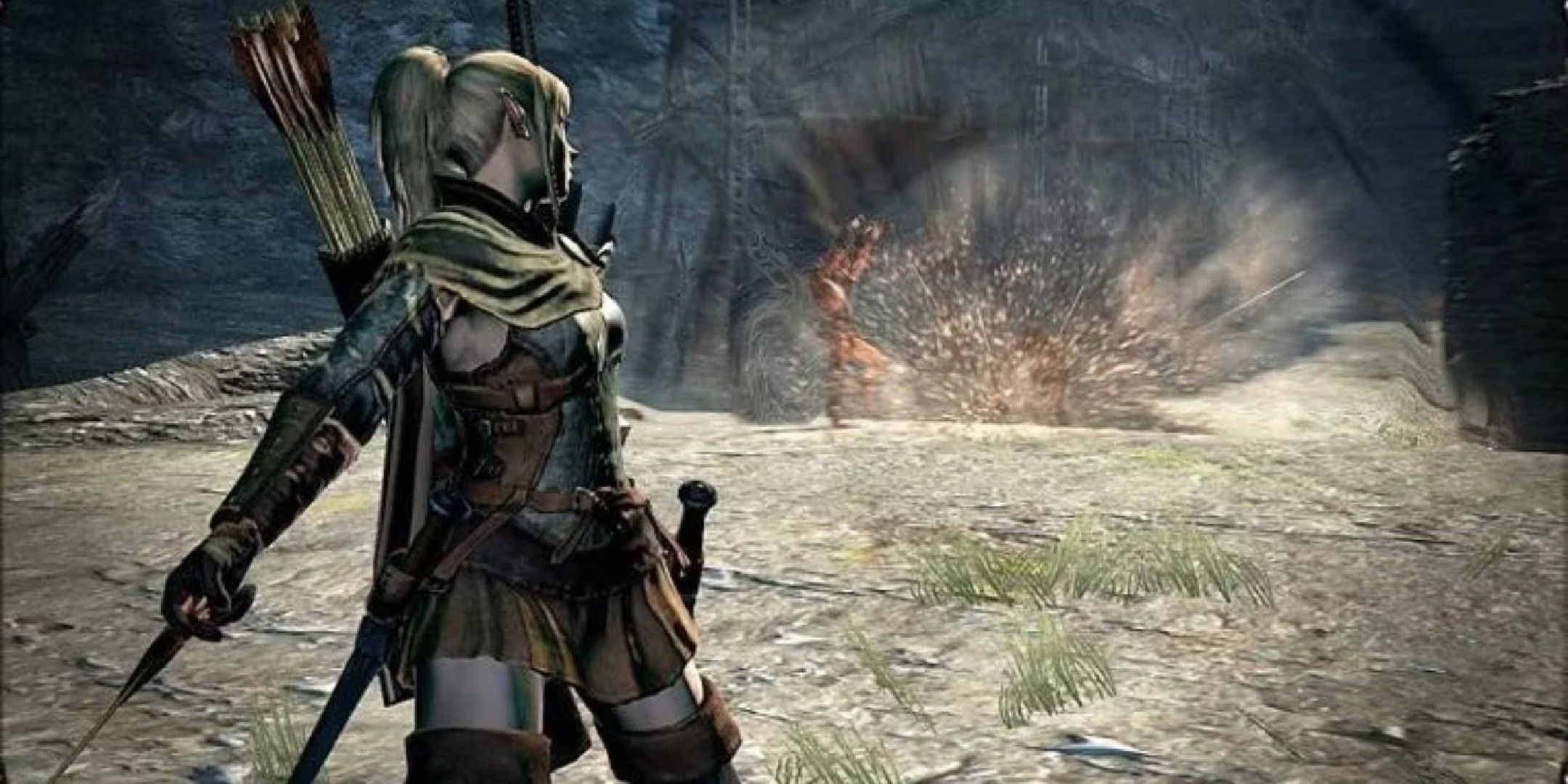 dragon's dogma image showing A Strider drawing an arrow with an explosion in the foreground.