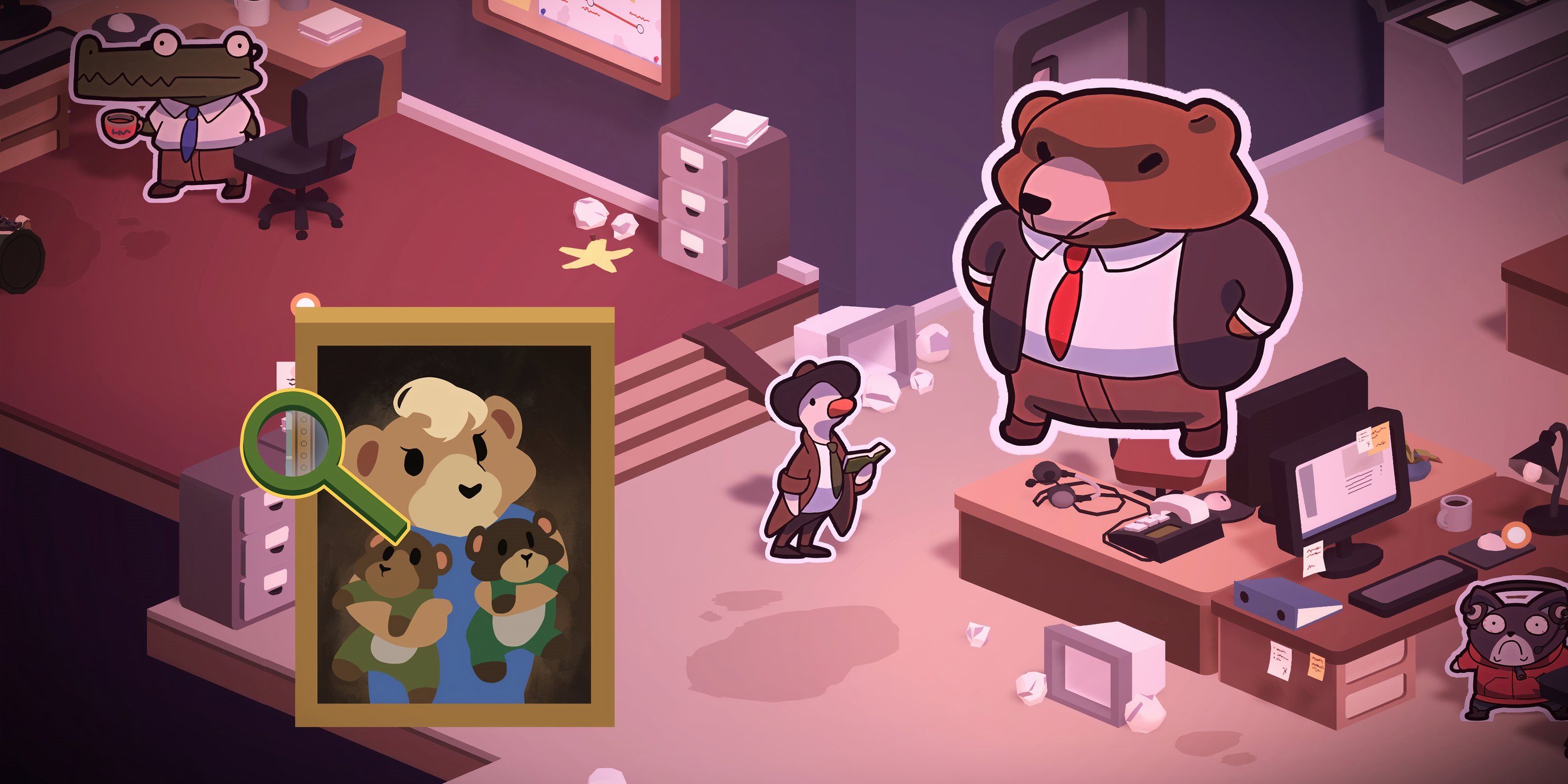 A detective duck standing in the center of an office. A large painting is on the left, and a large bear is on the right.