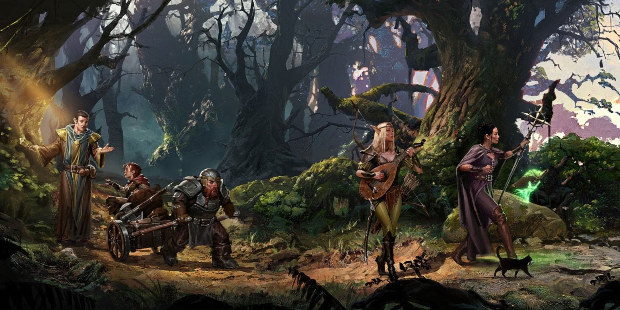 A group of five adventurers travel through a forest together.