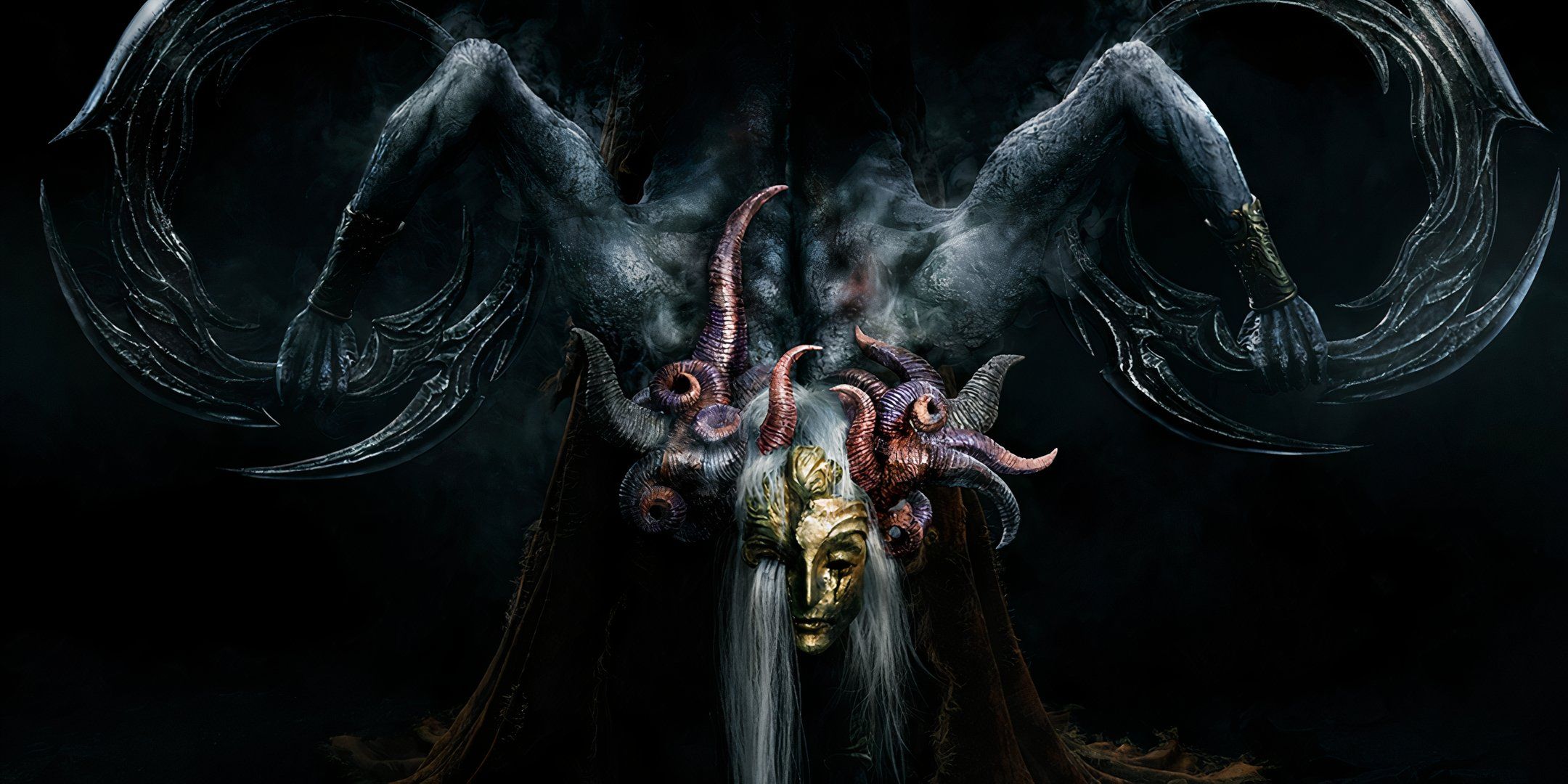 A new enemy in Elden Ring. It is posed in such as way that it resembles a uterus. It has grey hair coming through a golden mask, and is bending over while displaying two circular weapons. 