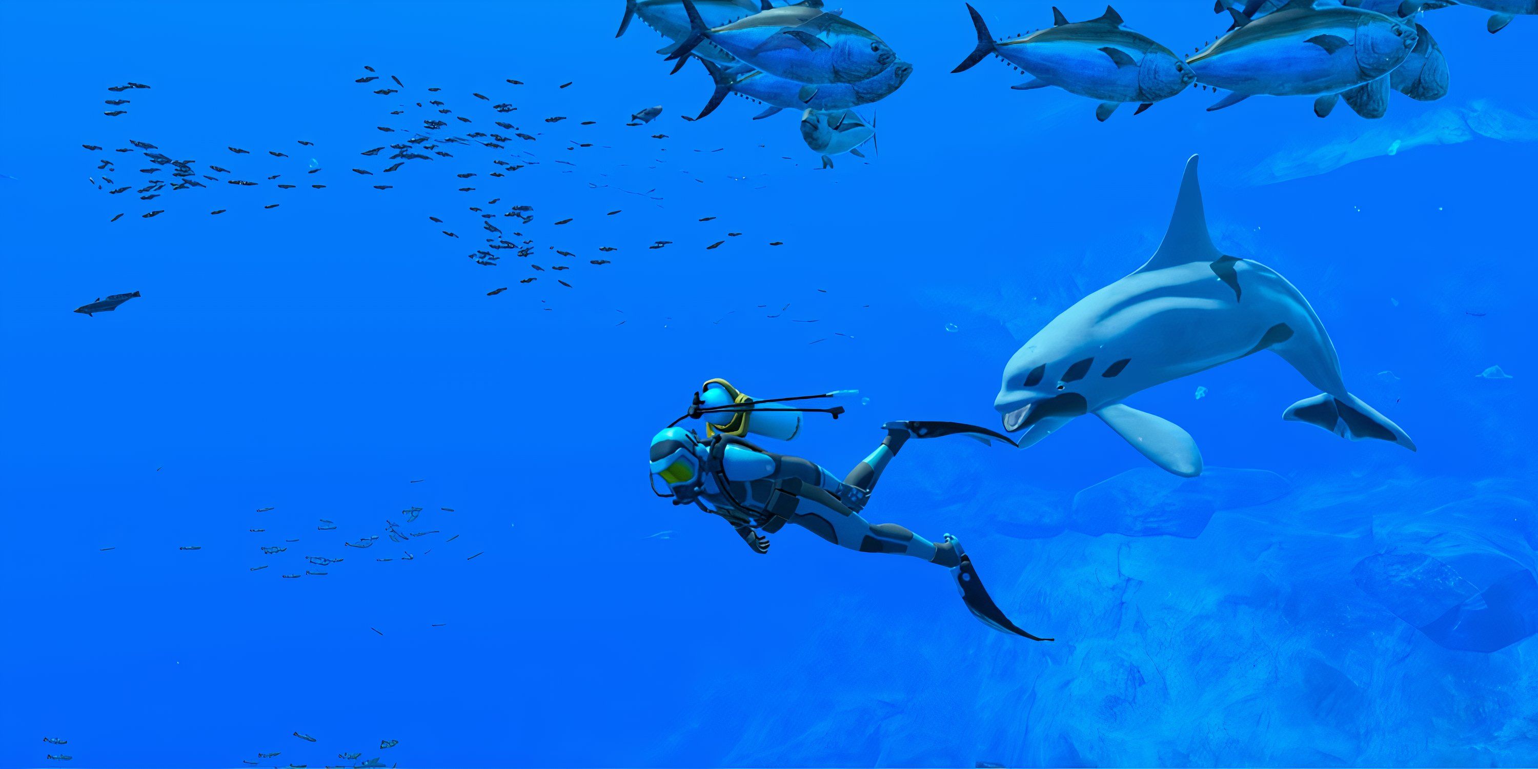 A diver swims with a dolphin behind it