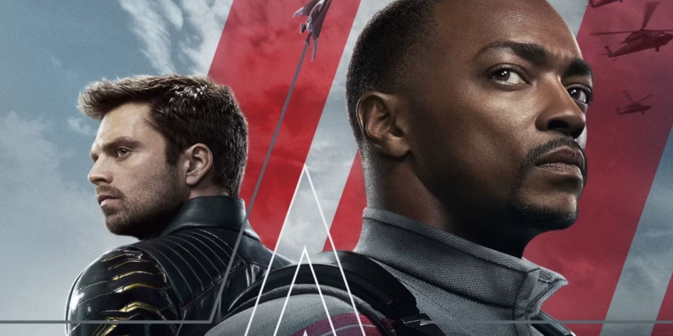 Falcon and the Winter Soldier promotional poster of the two standing in front of helicopters and red lines