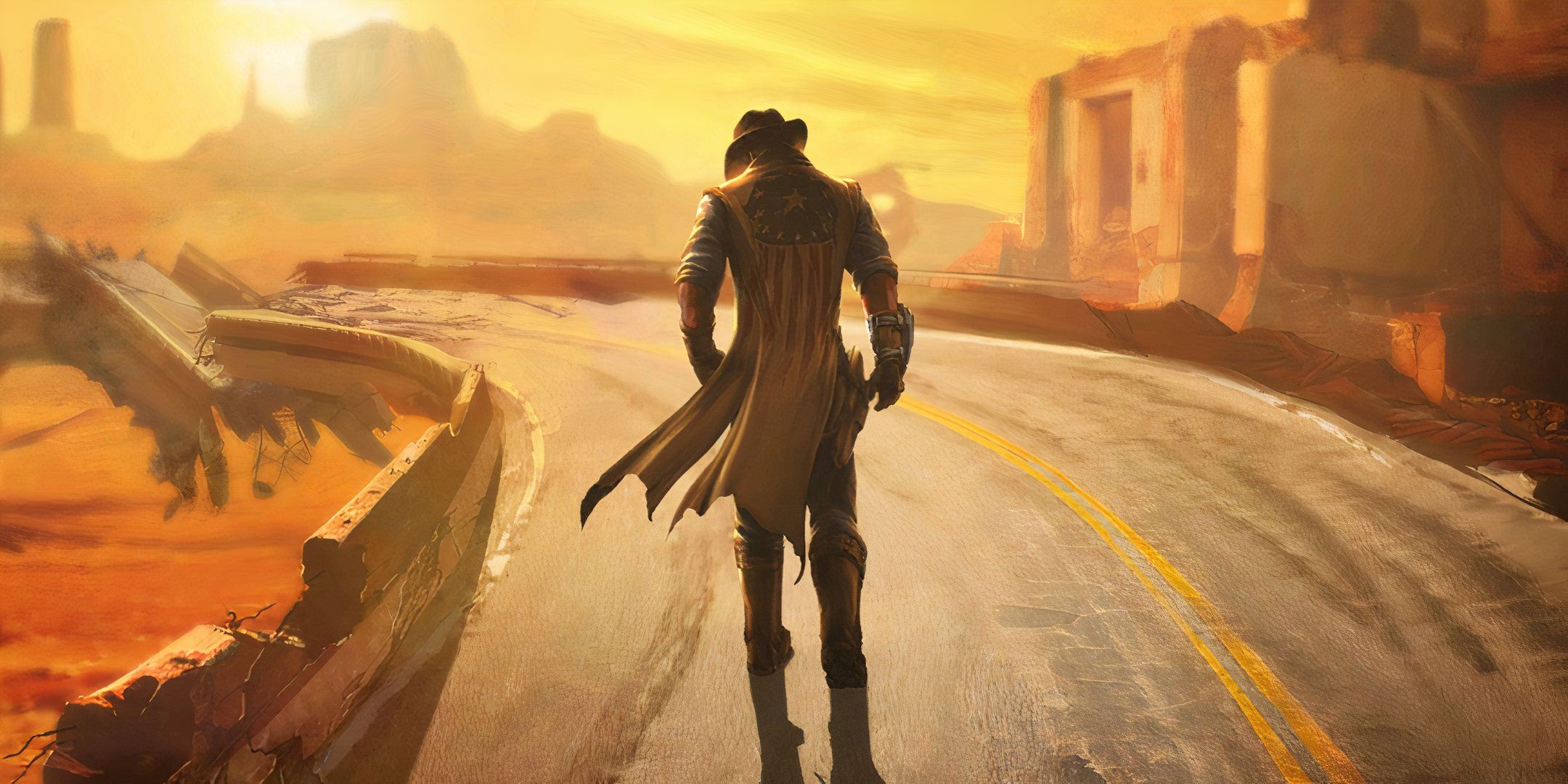 The courier from Fallout New Vegas walking down an empty, destroyed road
