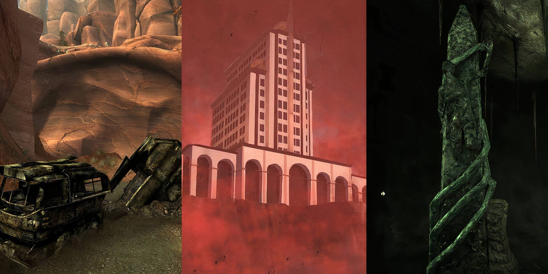 A collage of images featuring a destroyed school bus, the Sierra Madre casino and green shrine from Fallout series