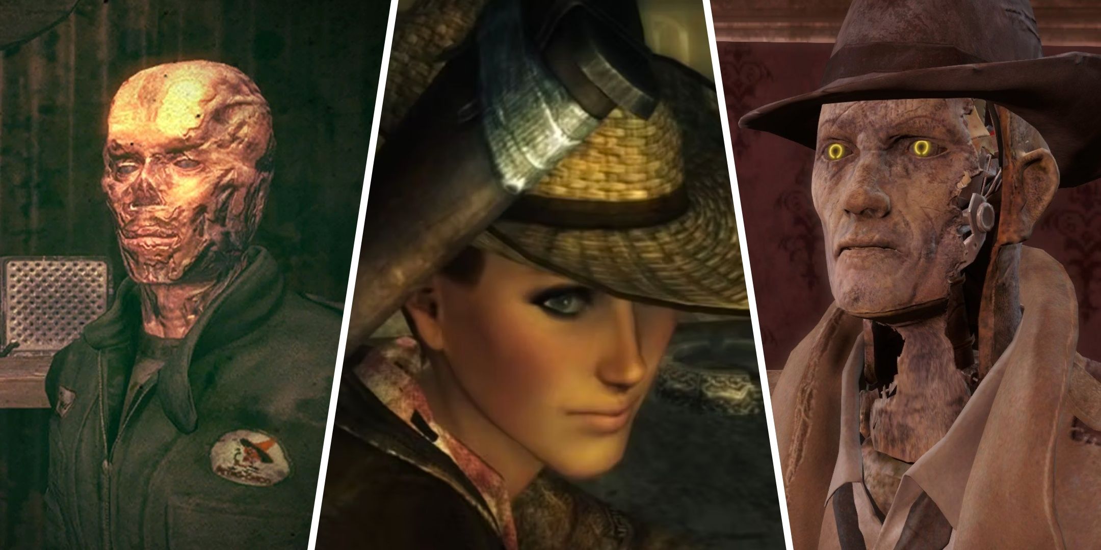 Fallout - split image of Raul Tejada and Cass Rose of Sharon Cassidy from New Vegas and Nick Valentine from Fallout 4