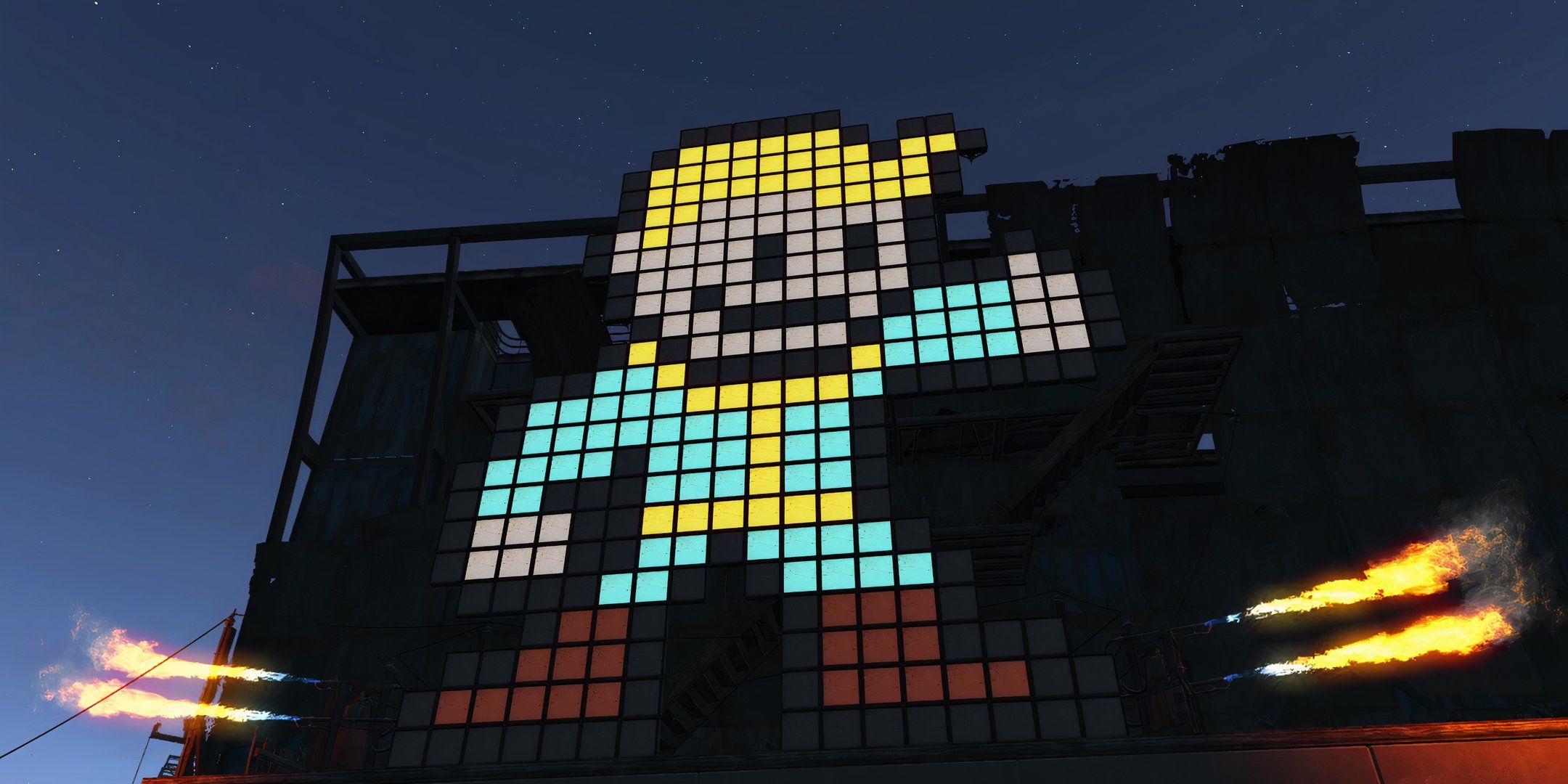 A Vault-Boy pixelated neon sign on a building in Fallout 4.