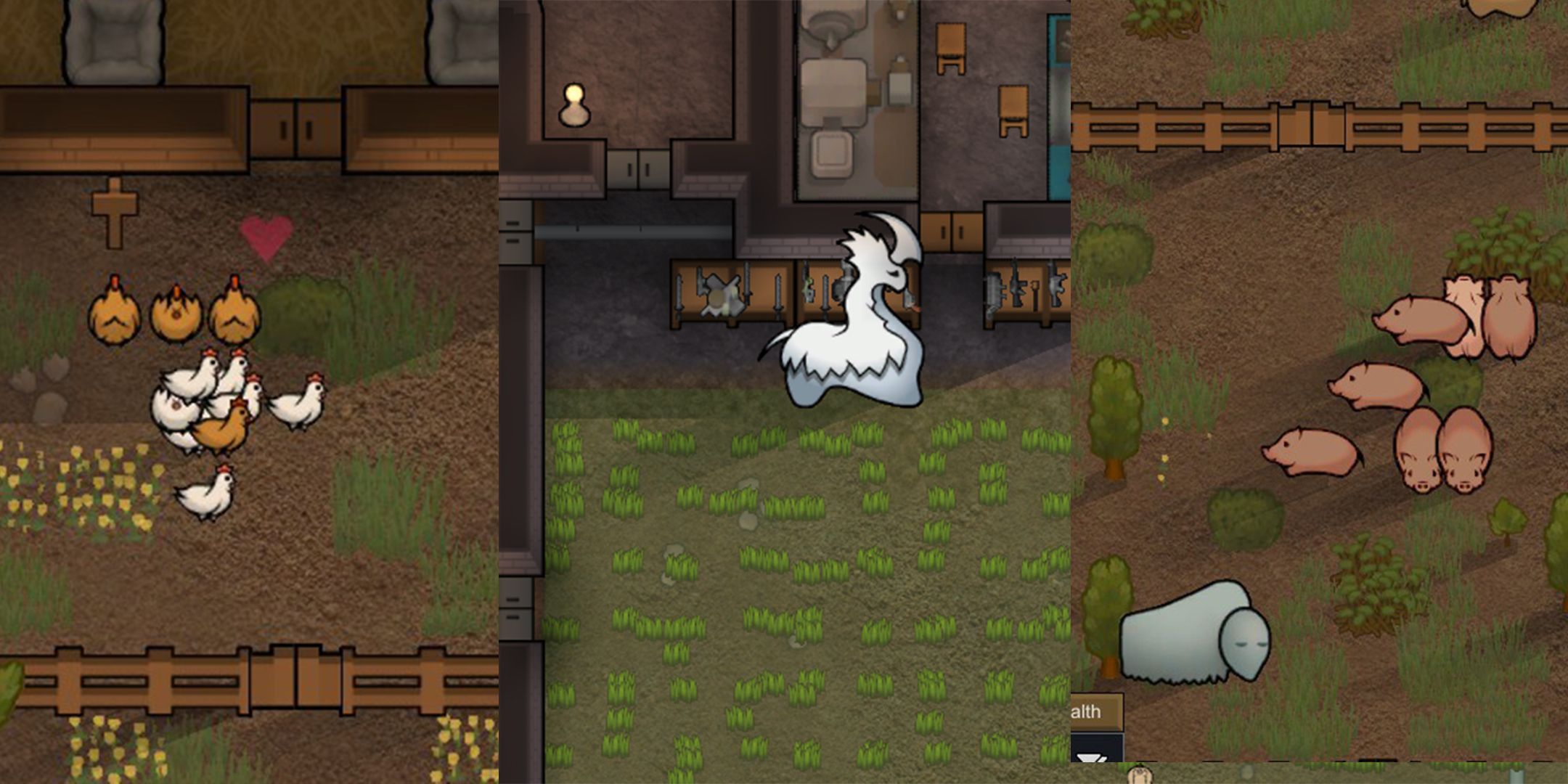 farmyard animals on a colony in Rimworld