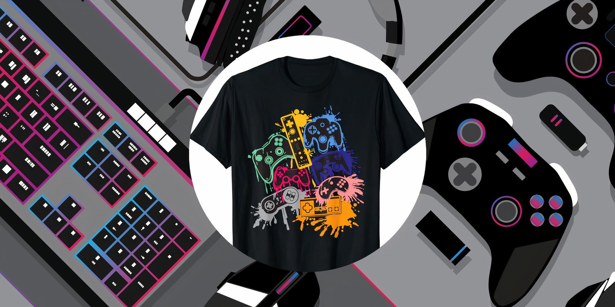 A t-shirt featuring various game controllers in a color splash style, framed within a background of gaming objects.