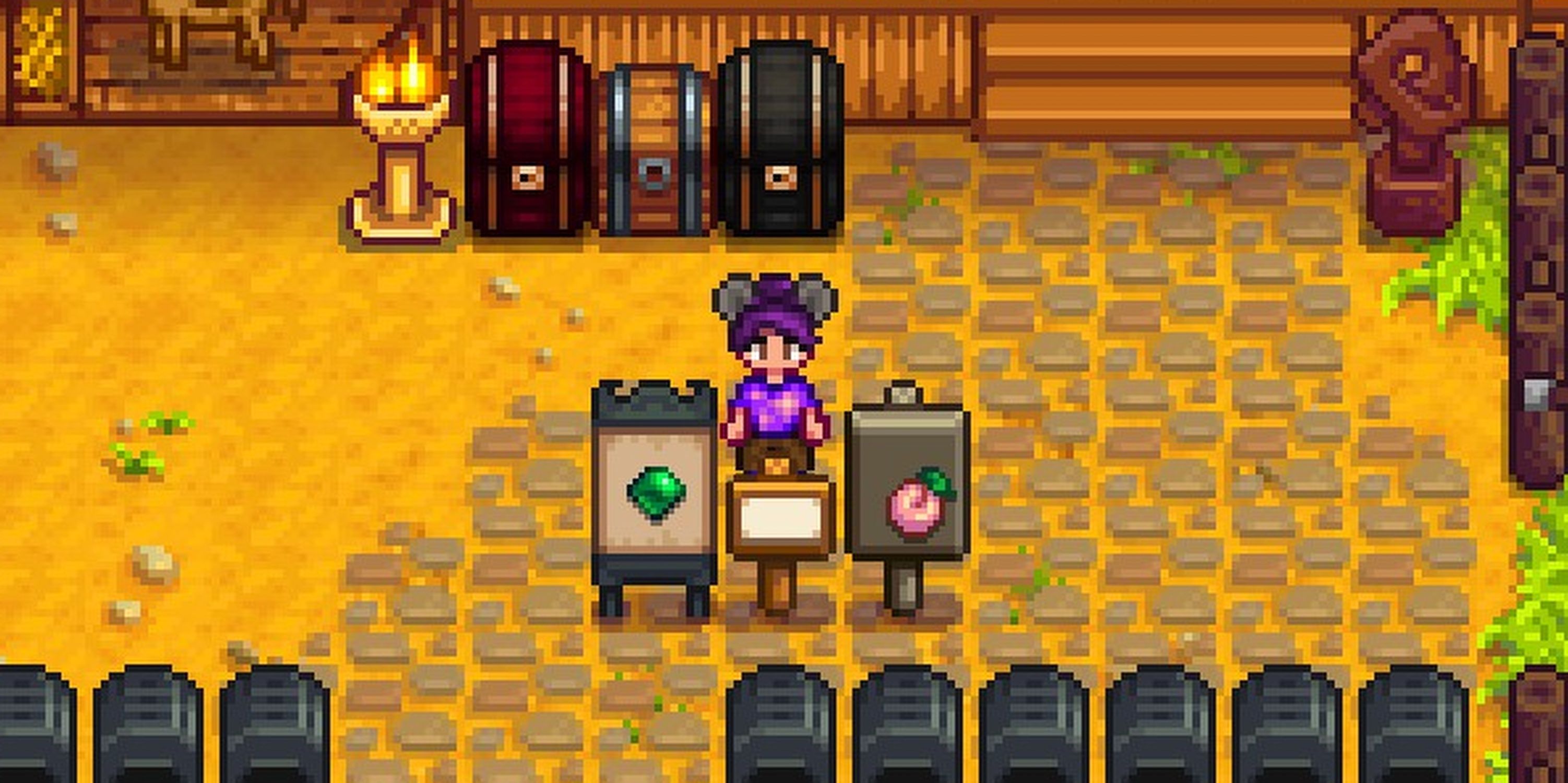 Stardew Valley Farmer standing in front of Dark Sign, Text Sign, and Stone Sign. 