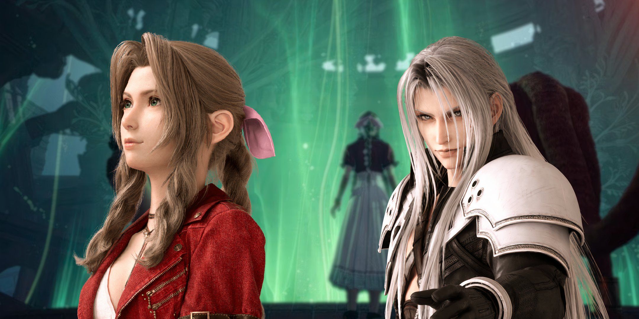 Final Fantasy 7 Rebirth Sephiroth and Aerith together against a blurry background of the Lifestream