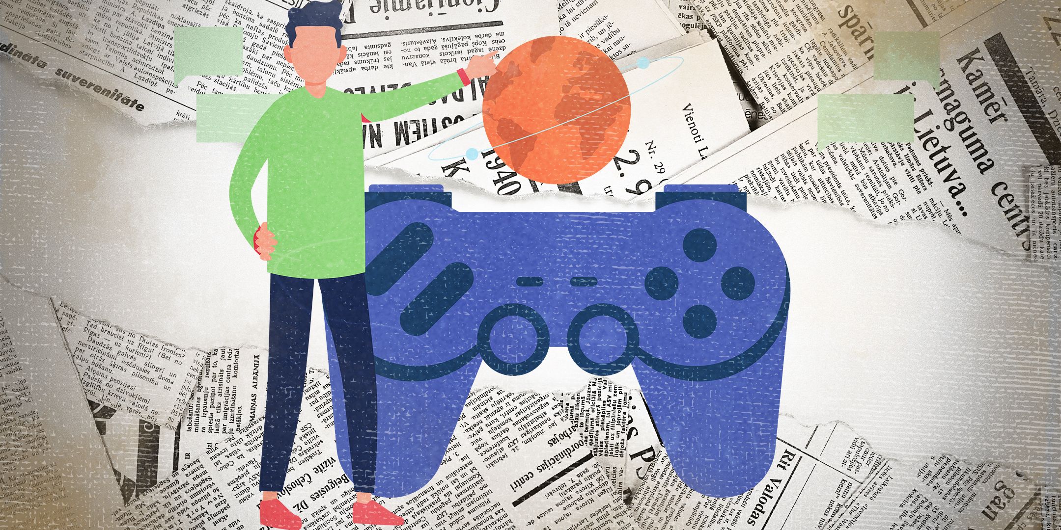 A person standing in front of a game controller with a globe above it, and newspapers in the background.