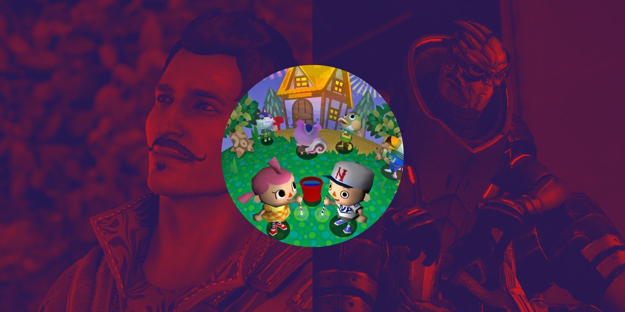 Games Where You Can Lose Characters Featured Image containing Dorian and Garrus in the background with a red filter over them. In the front is a promo image of the original Animal Crossing game inside a circle