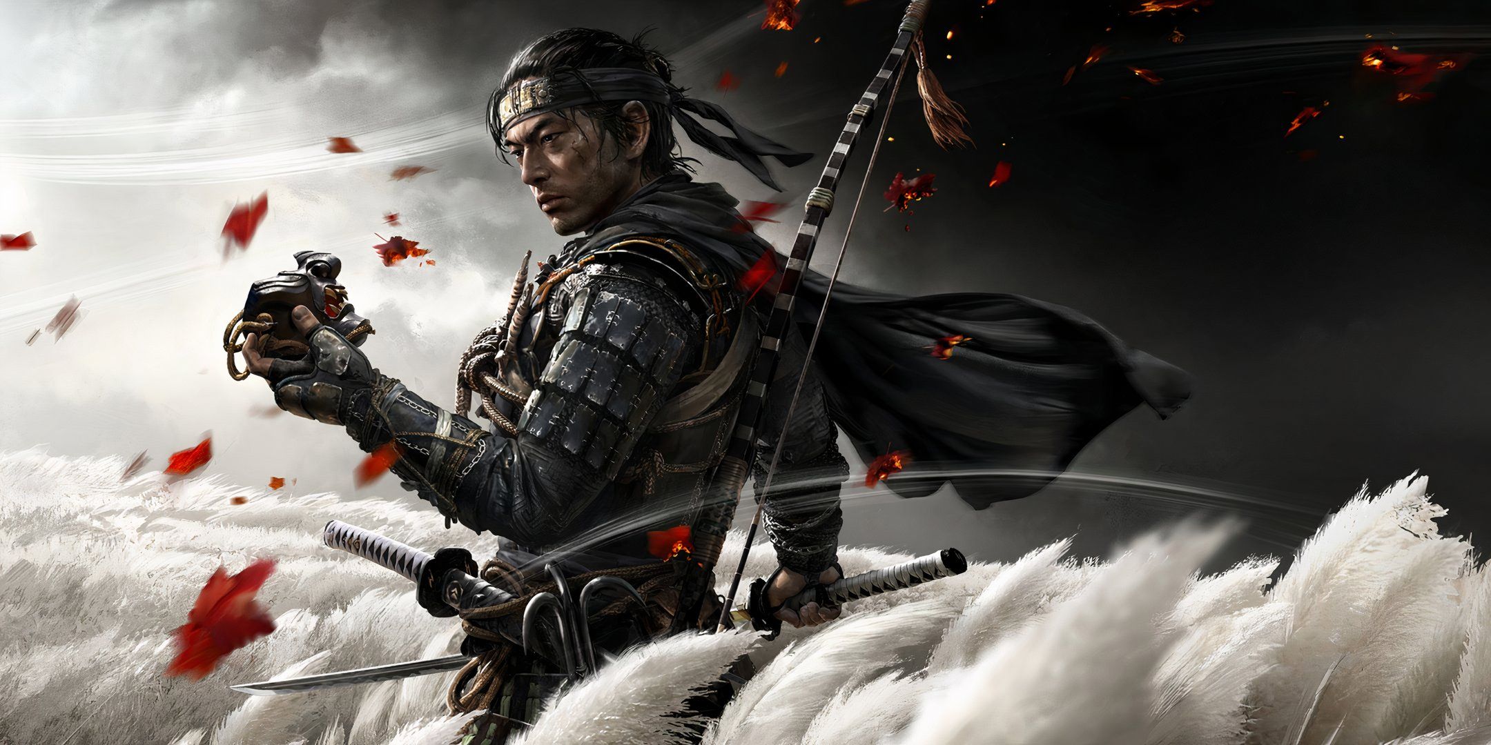 The cover art of Ghost of Tsushima, showing a warrior holding a mask in one hand, and a katana in the other. 