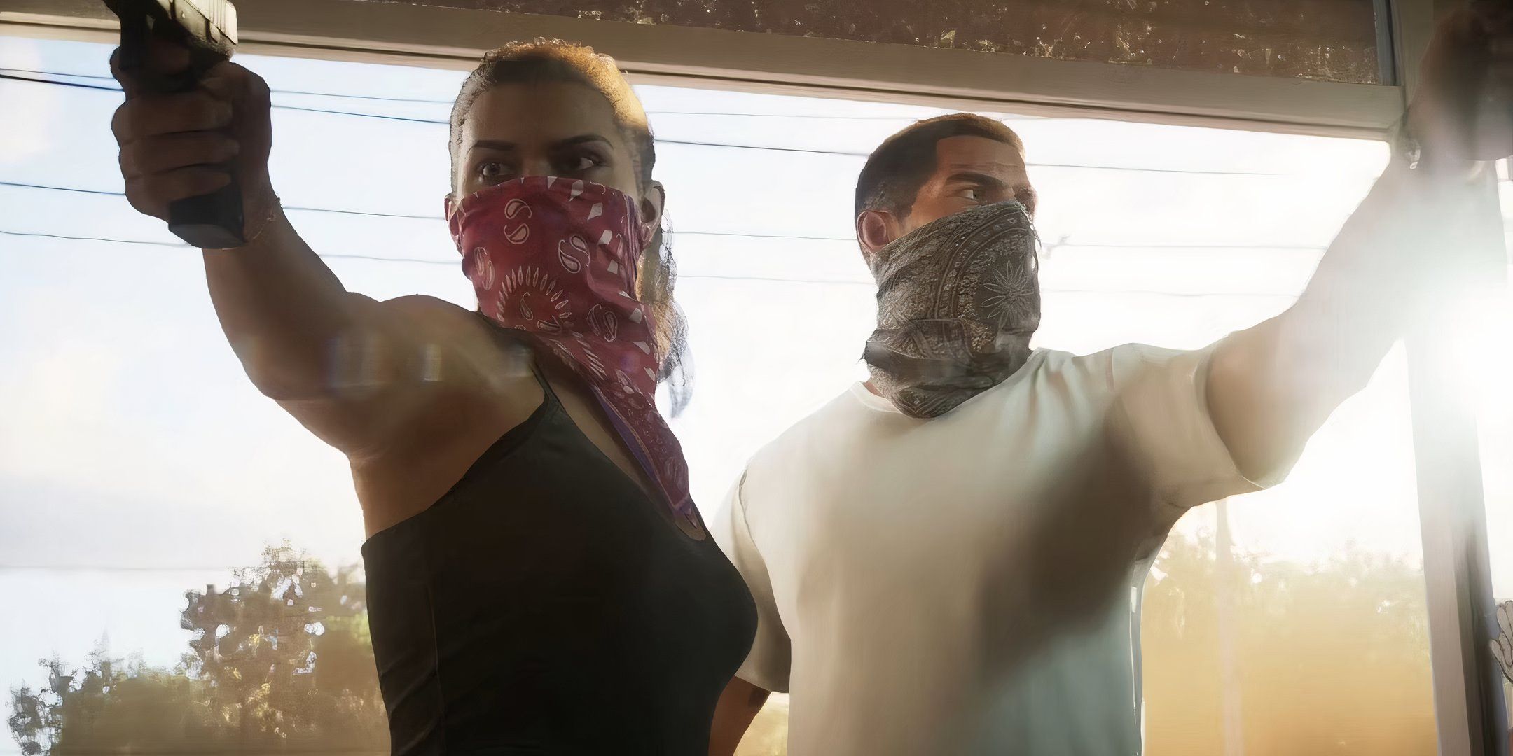 Lucia and Jason pointing guns ine GTA 6 trailer