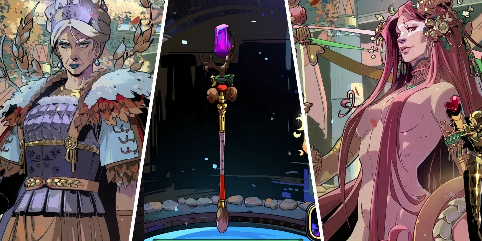 A split image showing Gods and weapon from Hades 2