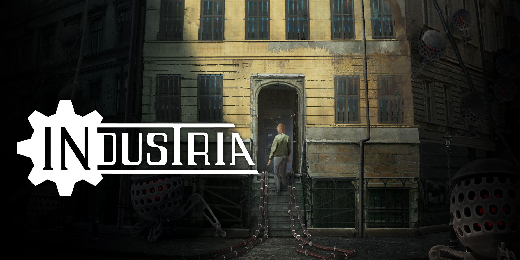 Industria Title Showing A Character Entering A Building.