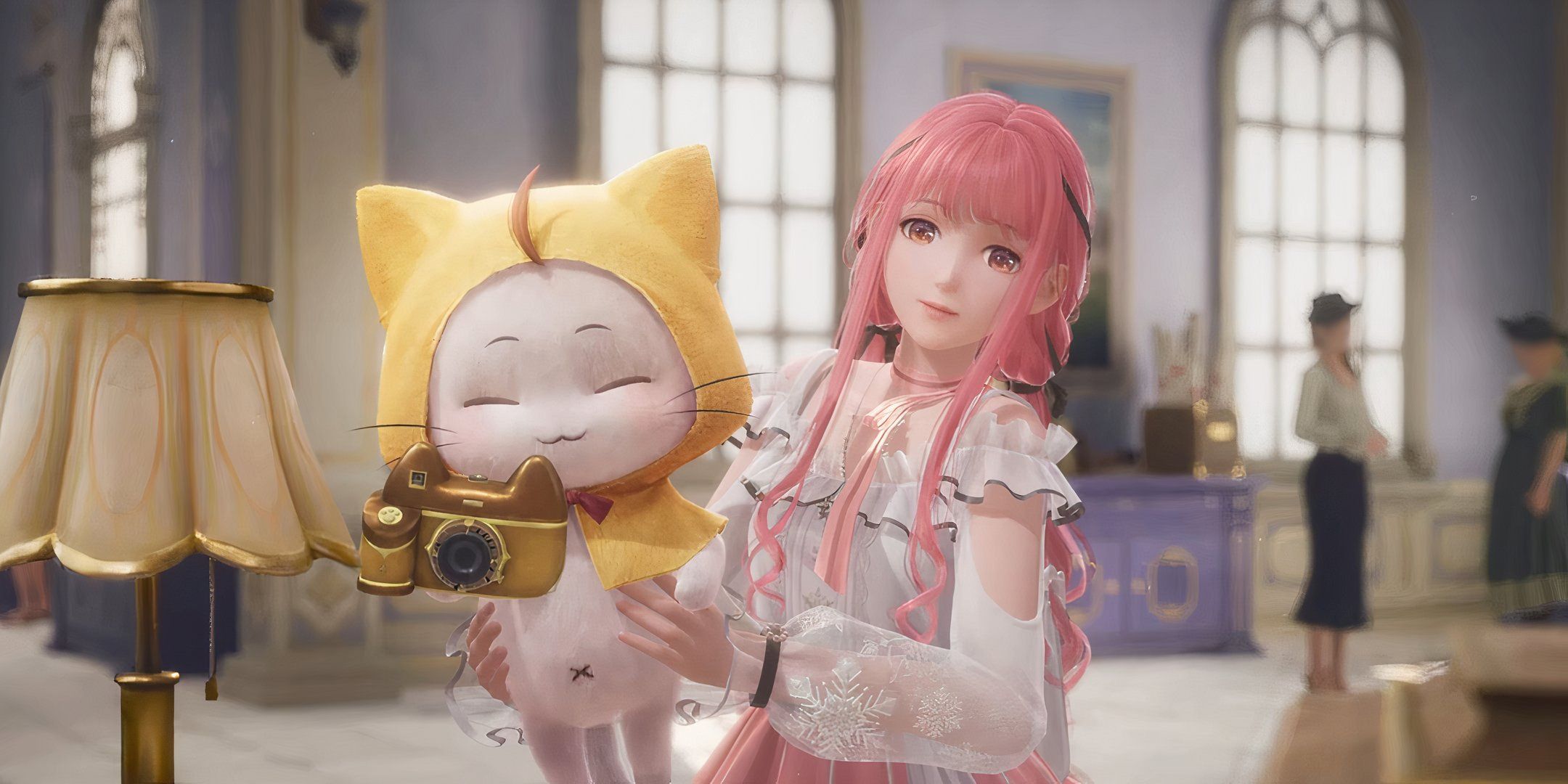 A pink haired character holding a cat that is holding a camera