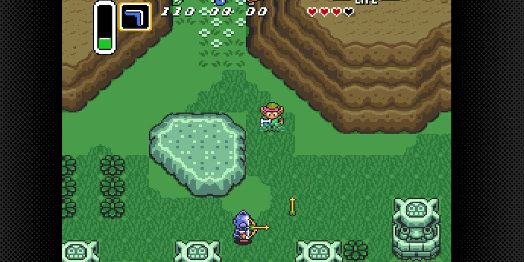 Link avoiding arrows in a green field.