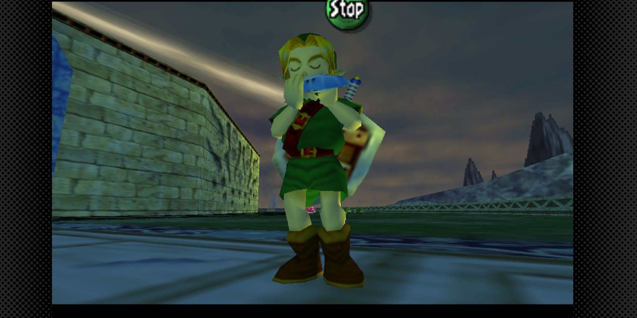 Link playing the ocarina outside of Clock Town.