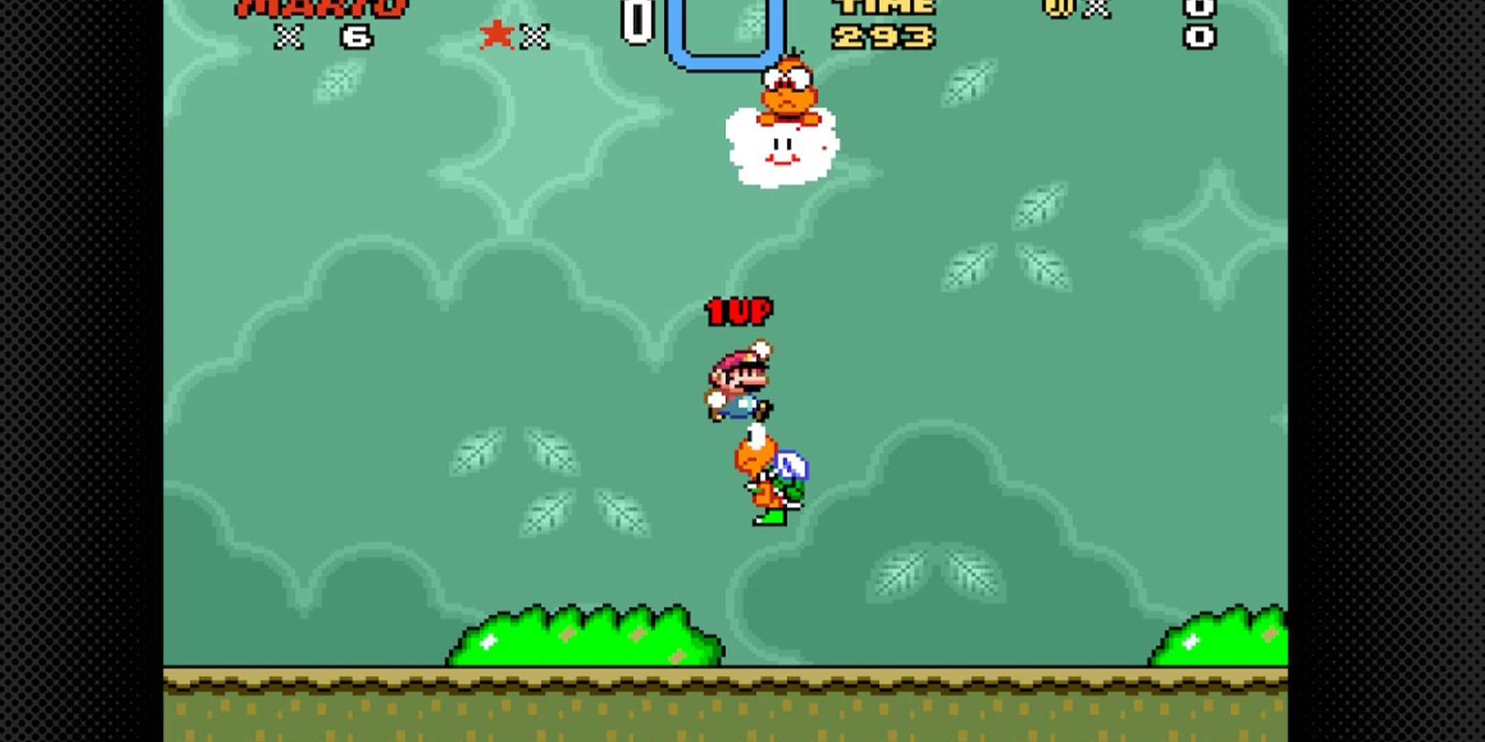 Mario jumping on a koopa.