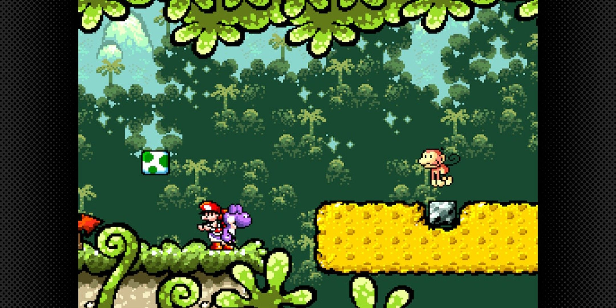 Yoshi and baby Mario in a forest with monkeys.