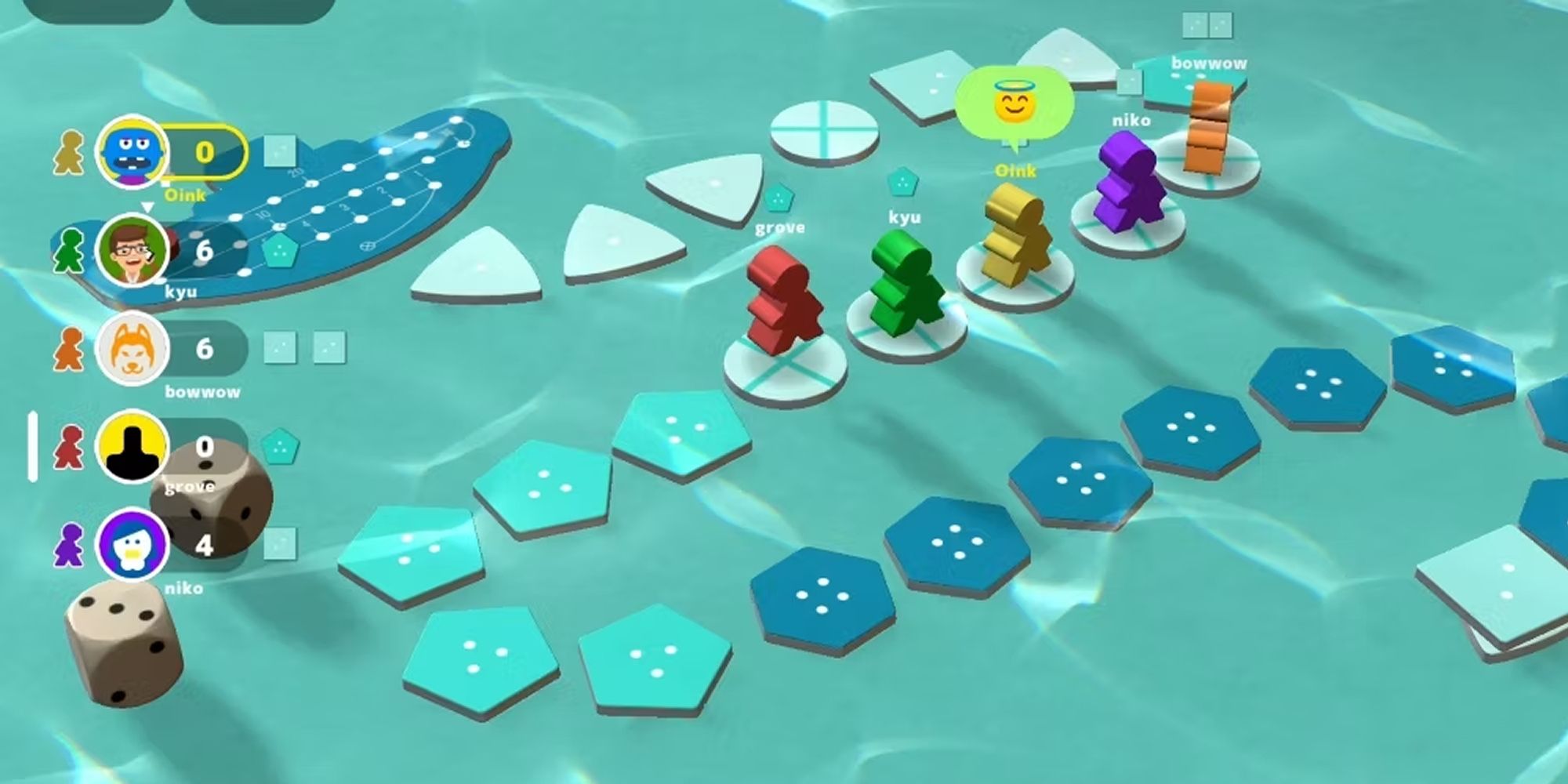 A screenshot of Let's Play Oink Games, in which five players line up on a game board.